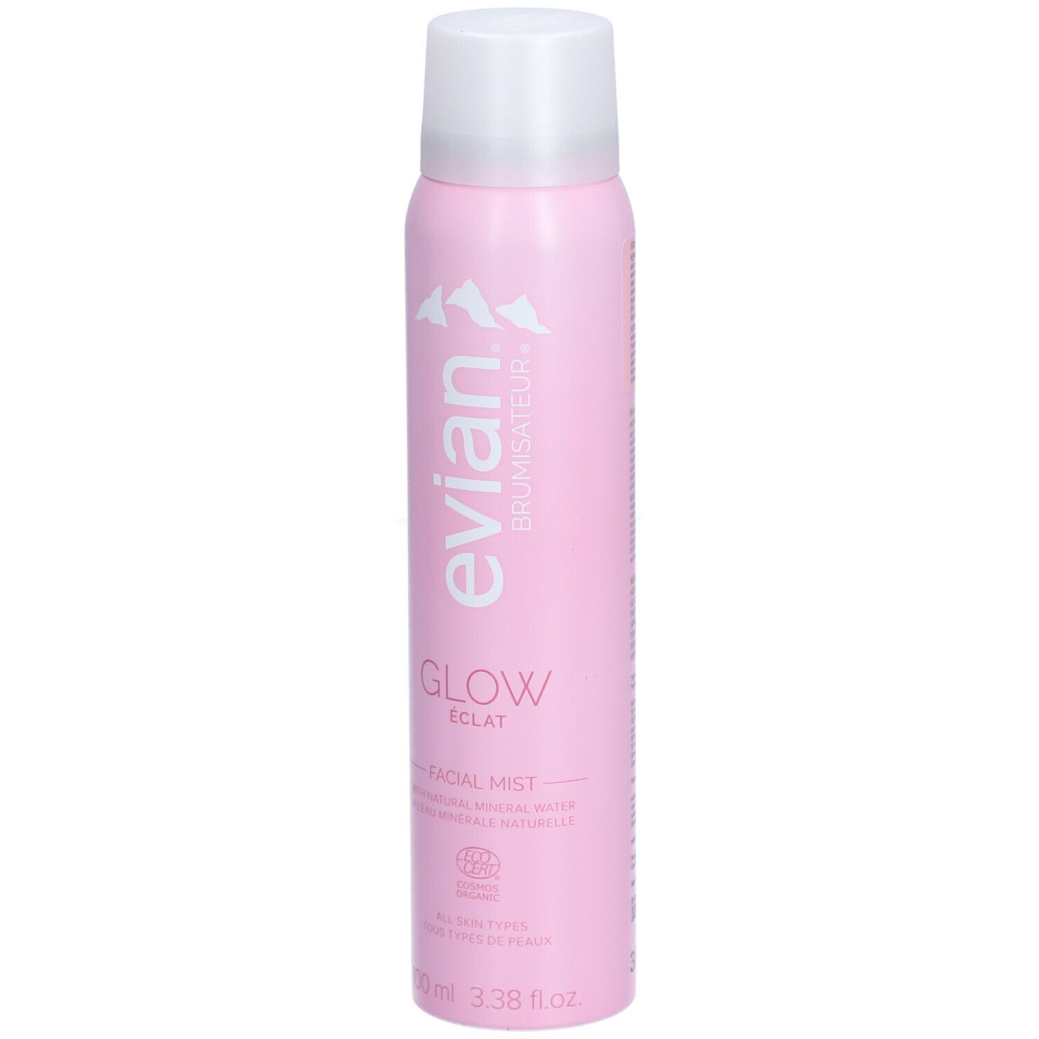 Flacon rose avec bouchon blanc. Inscriptions: Evian, Glow, Éclat, Facial Mist. Avec label bio.