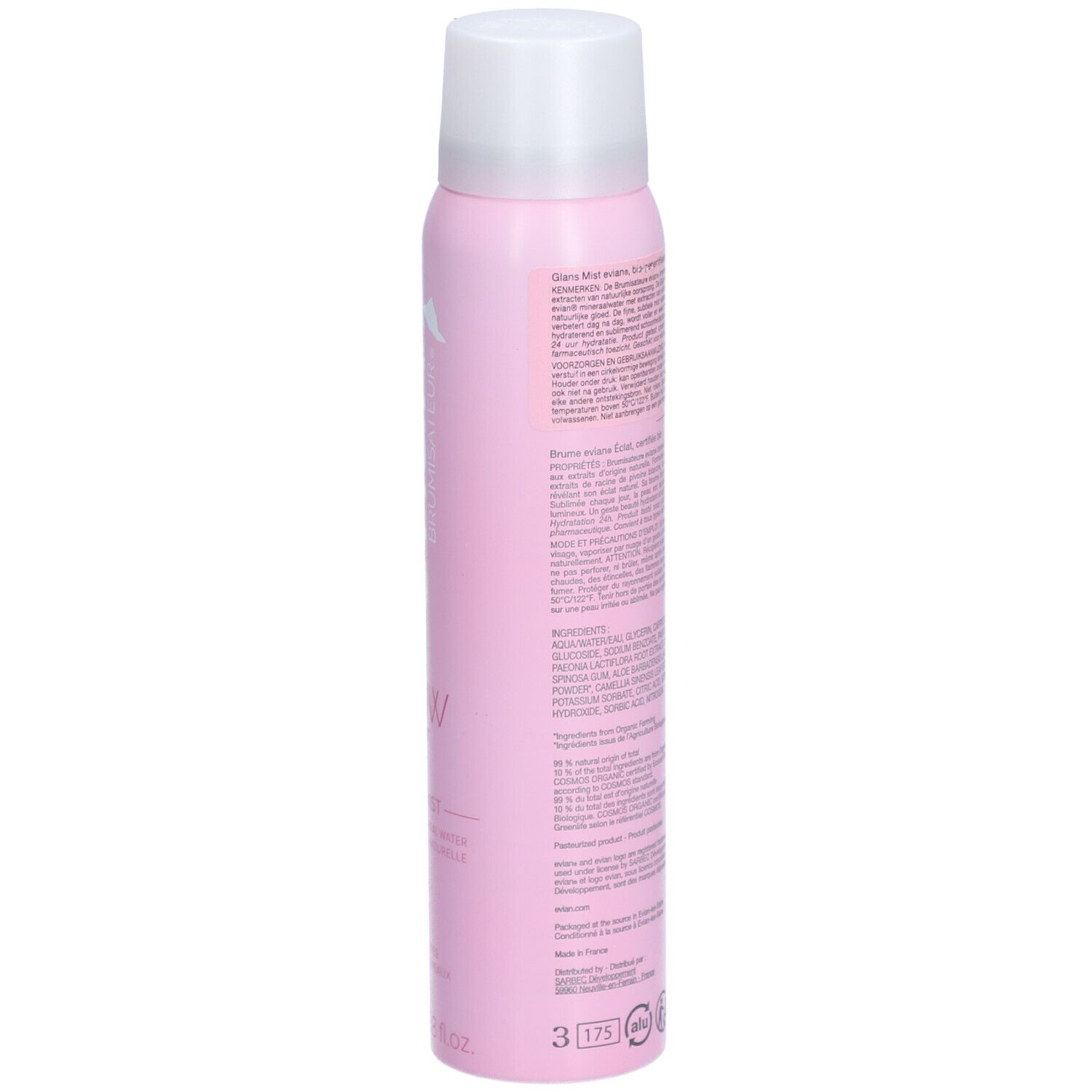 Flacon rose avec bouchon blanc. Dos avec texte et code-barres. Symbole d'avertissement.