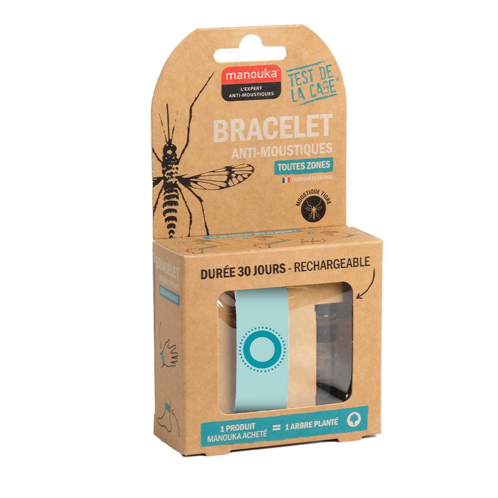 Emballage avec bracelet et recharge. Bracelet turquoise avec cercle bleu. Marque Manouka.
