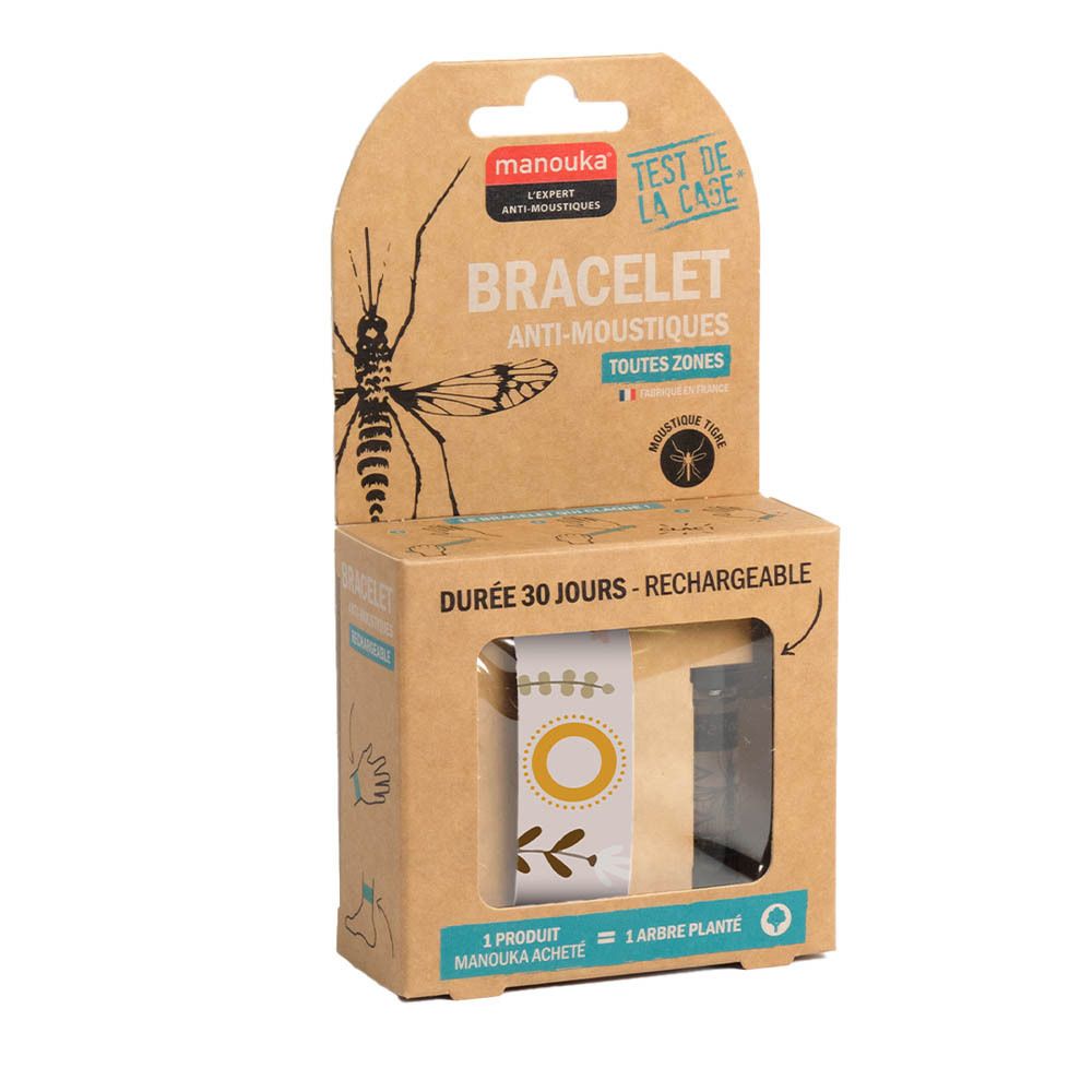Bracelet anti-moustiques Manouka® dans emballage carton. Visible: bracelet, recharge, logo. Texte: Bracelet Anti-Moustiques, Toutes zones.