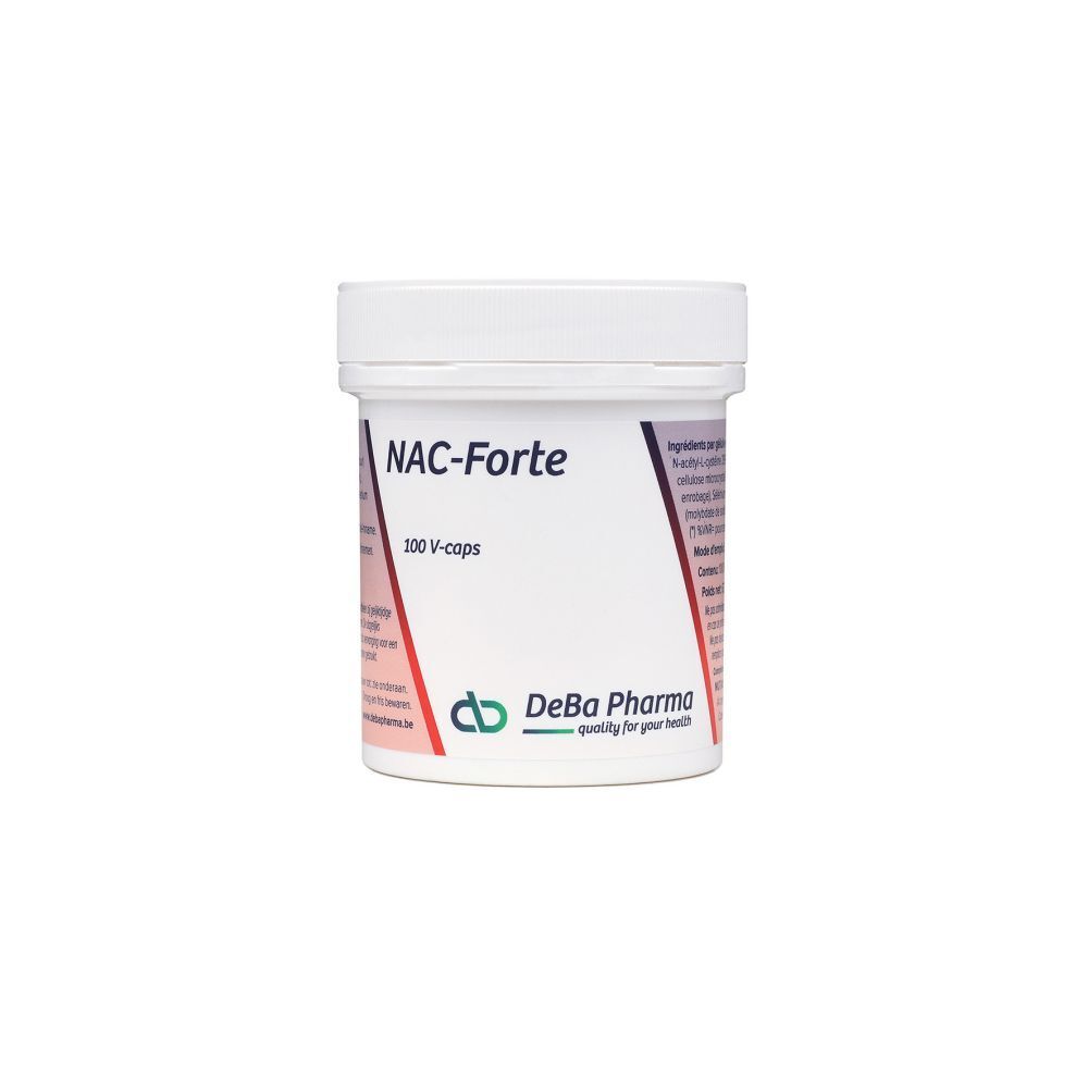 Witte, cilindrische pot met deksel. Opschrift: NAC-Forte, 100 V-caps. Logo DeBa Pharma.