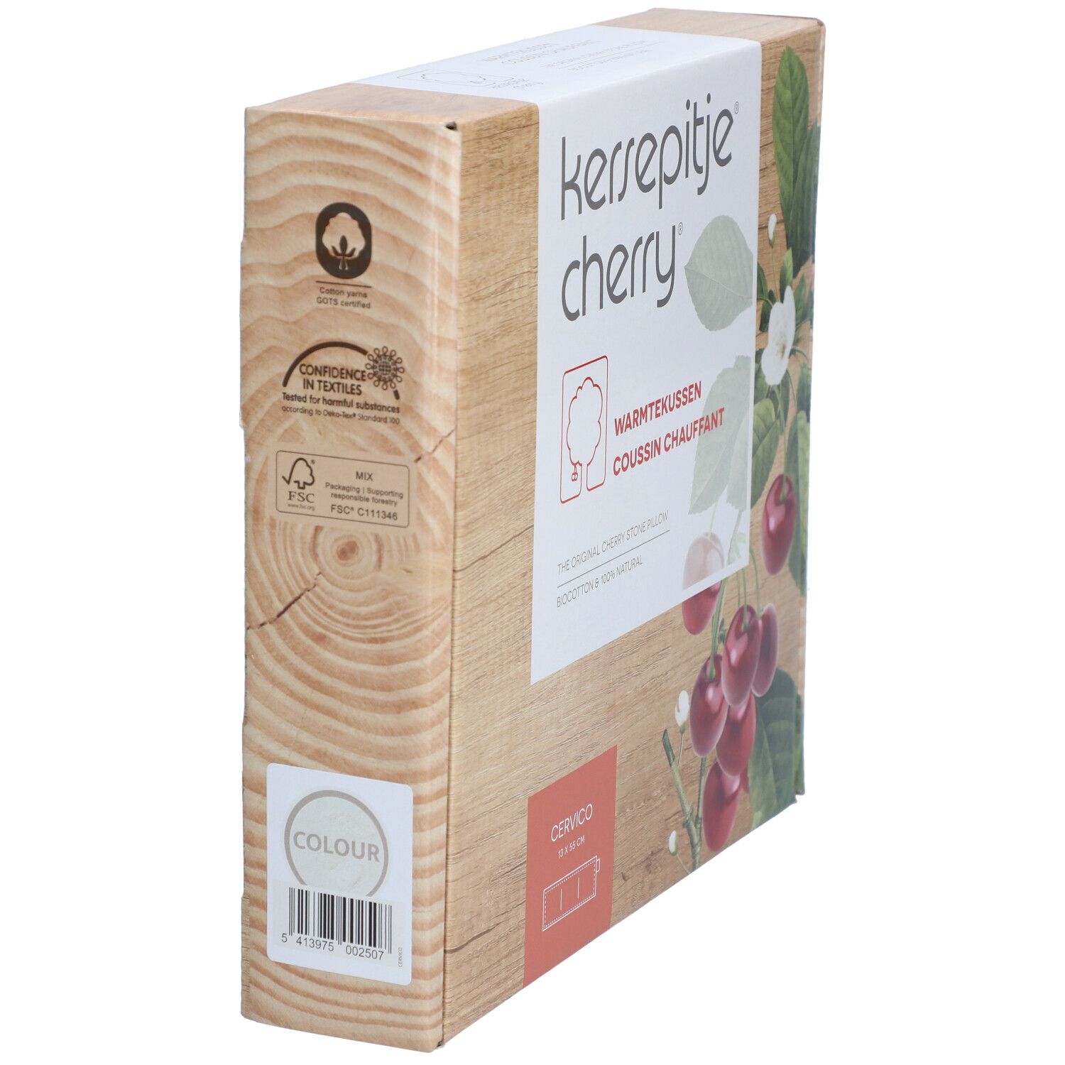 Vue latérale de l'emballage en carton. Aspect bois avec illustration de cerises et feuilles. Texte: KERSEPITJE® Cherry®, Warmtekussen, Coussin Chauffant.