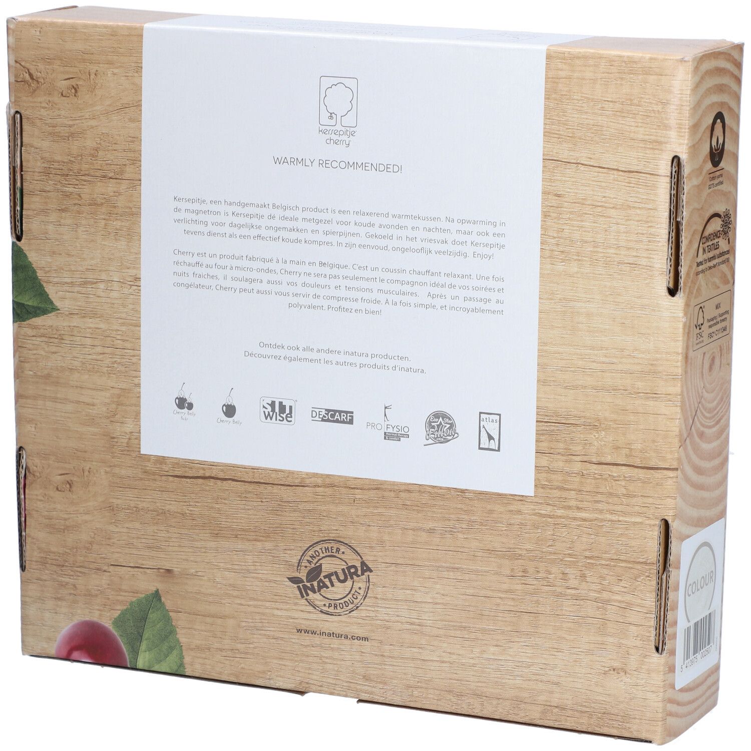 Dos de l'emballage en carton. Aspect bois. Texte: informations sur le produit, logos, certifications. Illustration de cerises et feuilles.