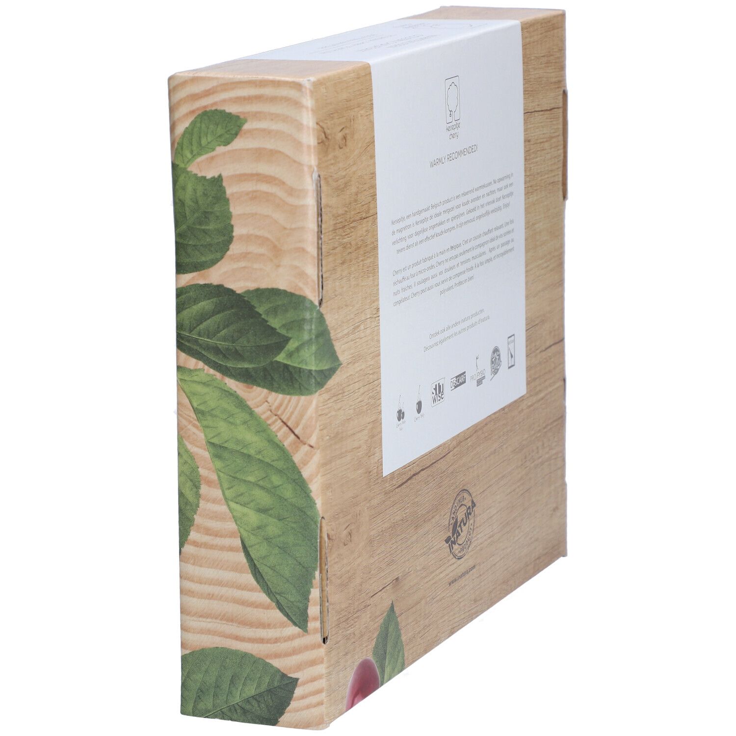 Vue latérale de l'emballage en carton. Aspect bois. Texte: informations sur le produit, logos. Illustration de cerises et feuilles.