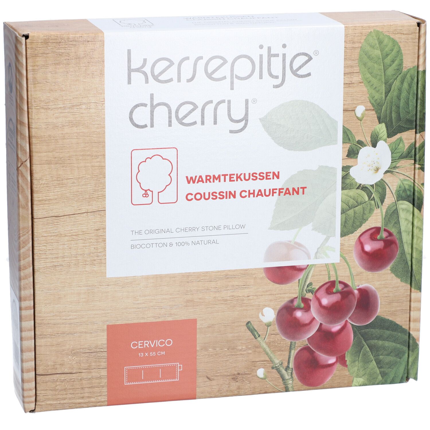 Emballage carton avec illustration de produit. Cerises et feuilles sur fond bois. Texte: KERSEPITJE® Cherry®, Warmtekussen, Coussin Chauffant.