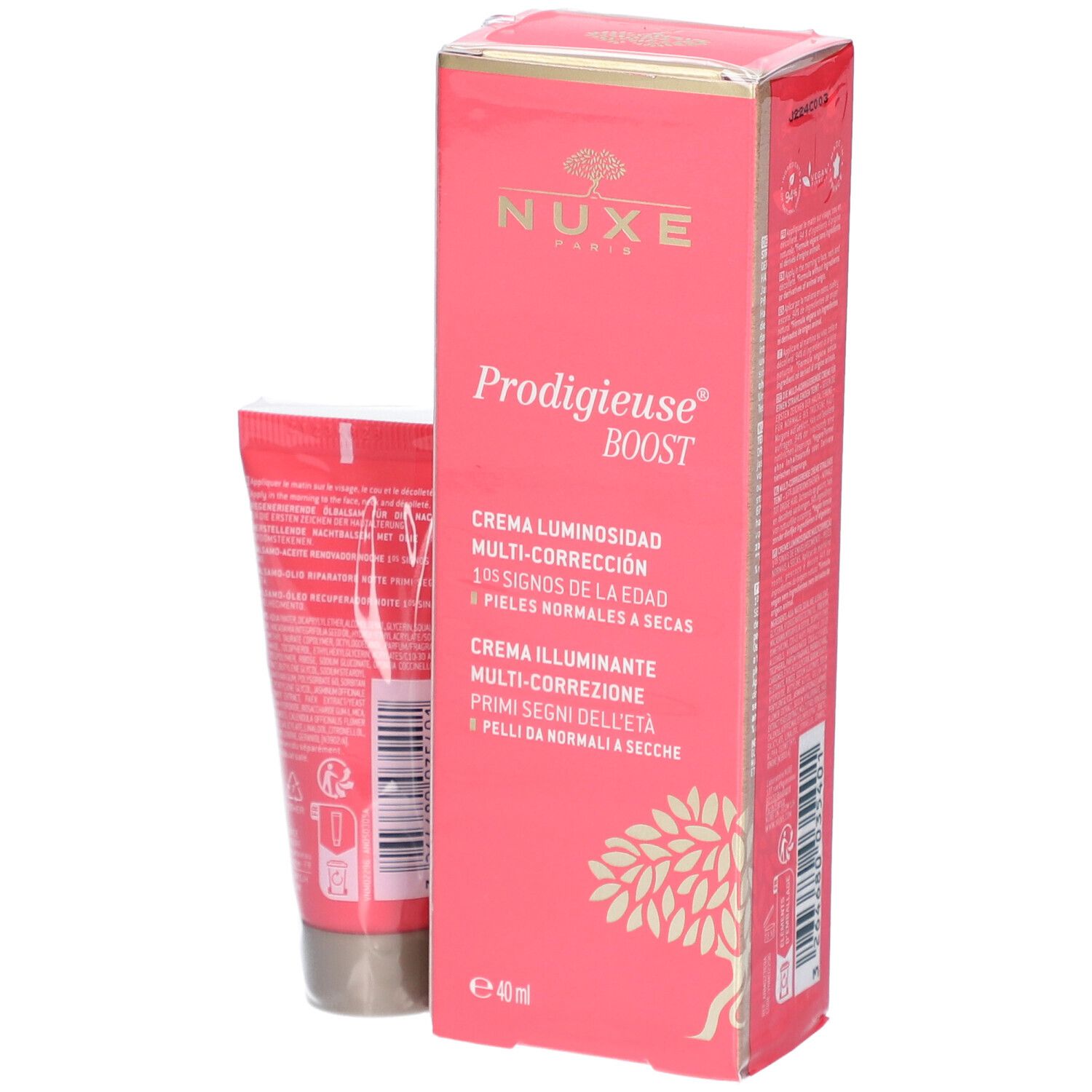 Boîte et tube roses. Inscription: Nuxe Prodigieuse Boost. Crème pour peaux normales à sèches. 40 ml.