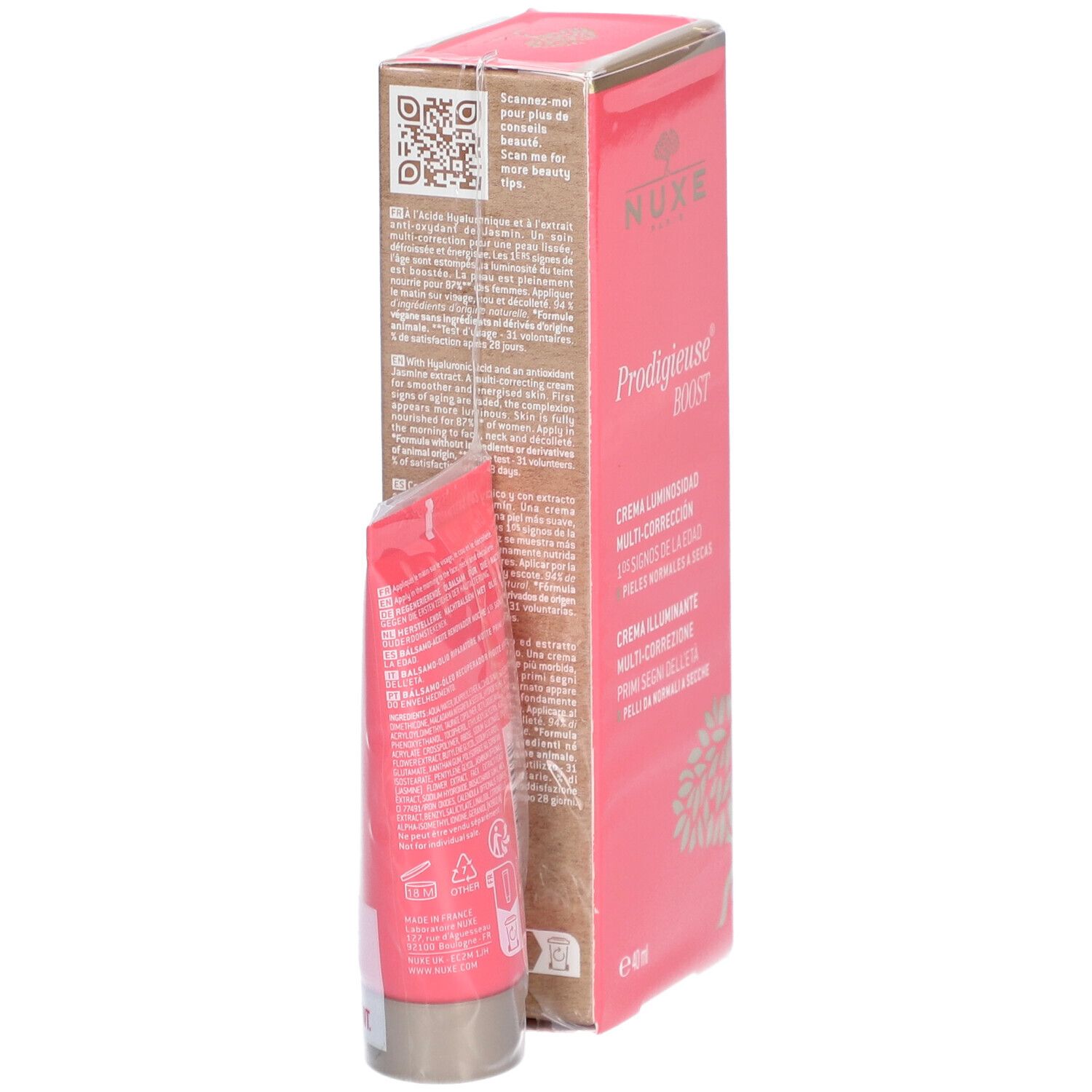 Boîte et tube roses. Inscription: Nuxe Prodigieuse Boost. Crème pour peaux normales à sèches. Vue détaillée de l'emballage.