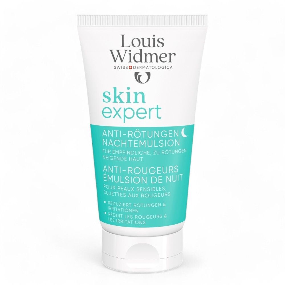 Witte tube met "Louis Widmer skin expert" en "Anti-roodheid nachtemulsie".