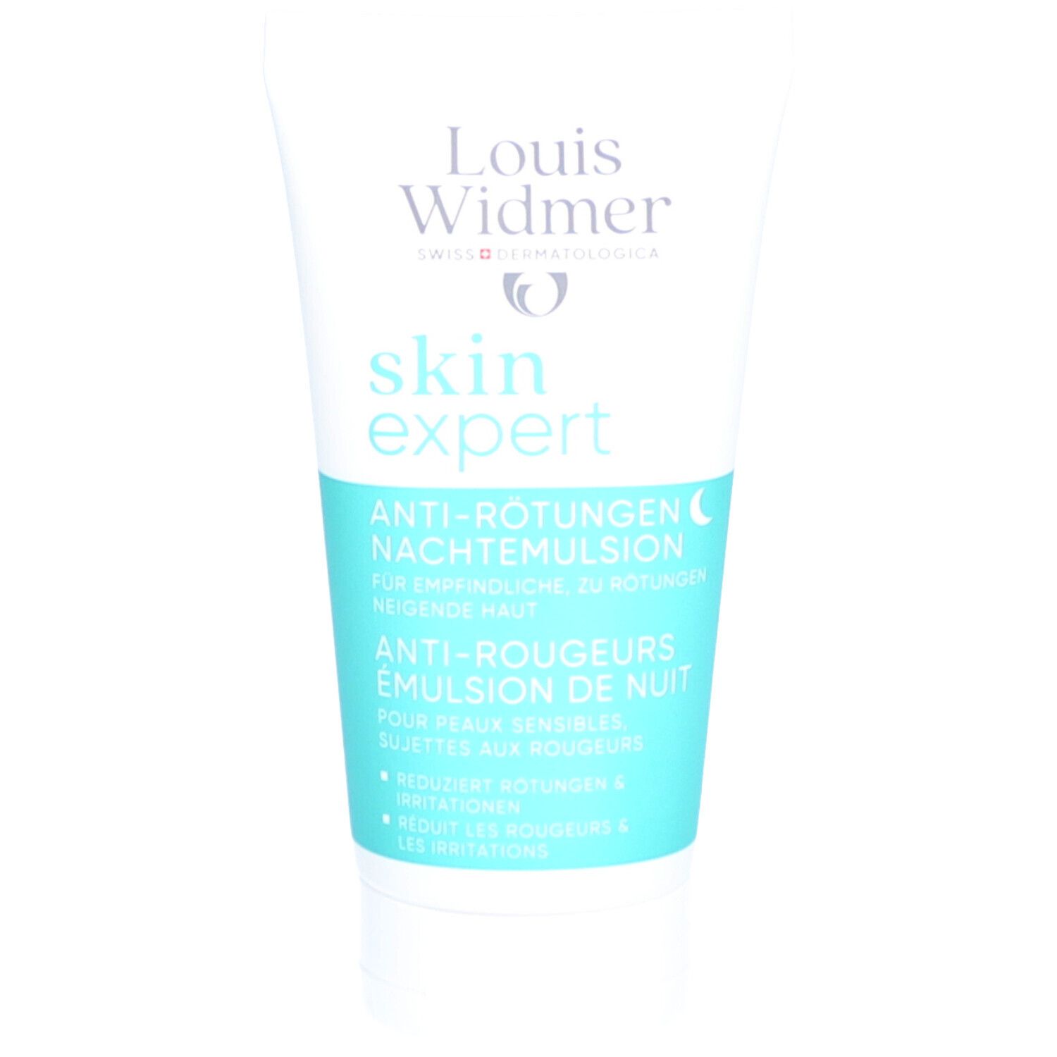 Weisse Tube mit "Louis Widmer skin expert" und "Anti-Rötungen Nachtemulsion".