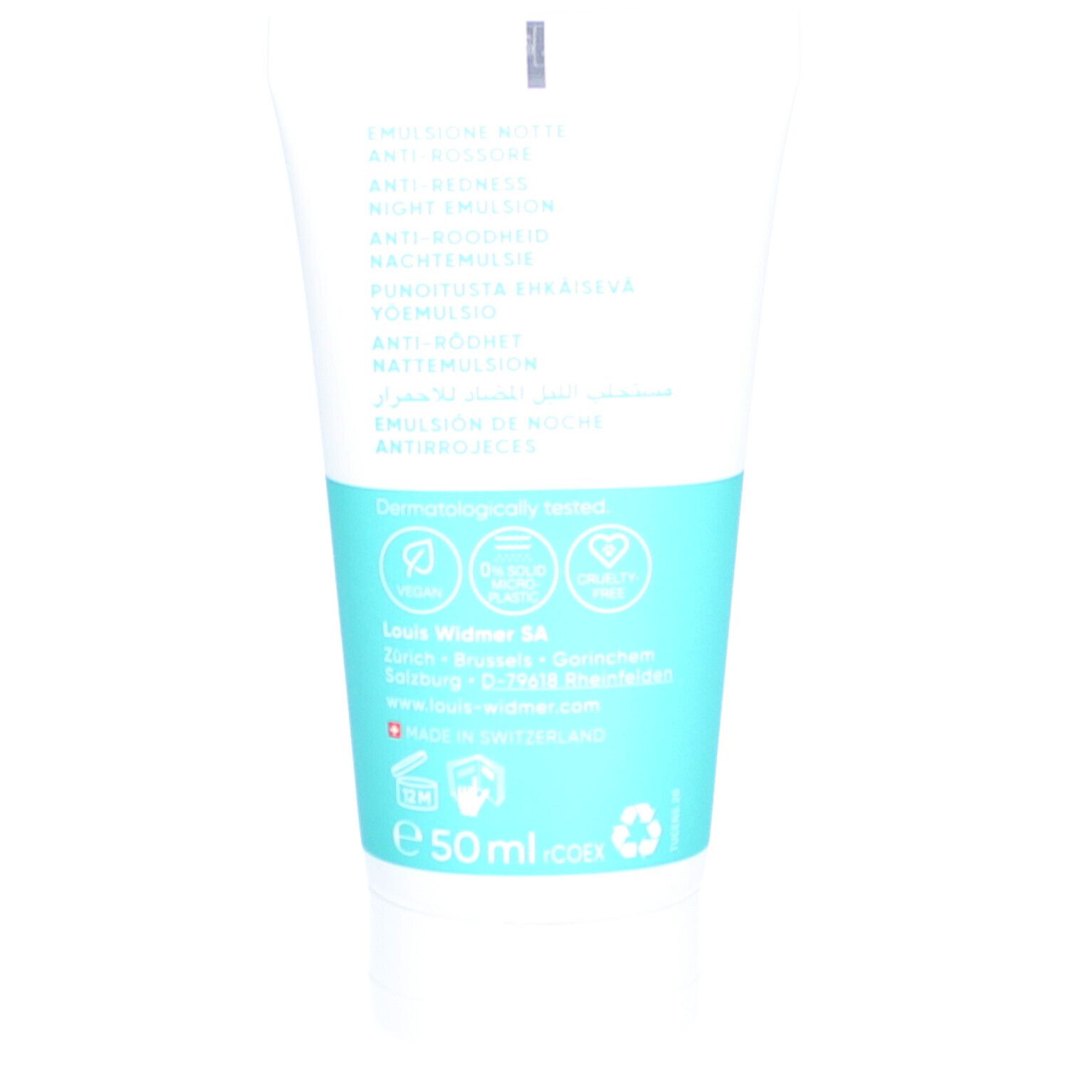 Rückseite der Tube mit Produktinformationen, Inhaltsstoffen und Logos.