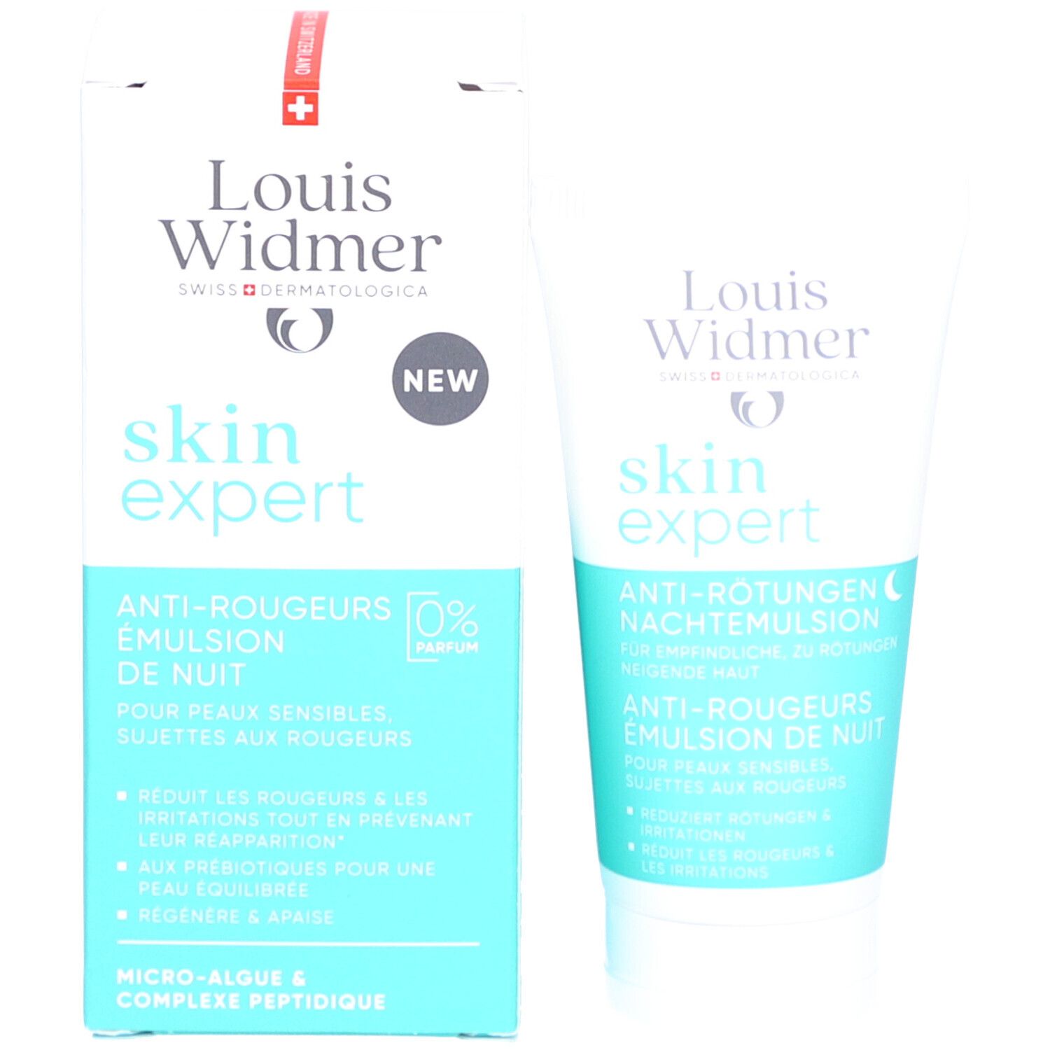 Produktverpackung und Tube. Verpackung mit "Louis Widmer skin expert" und "NEW".