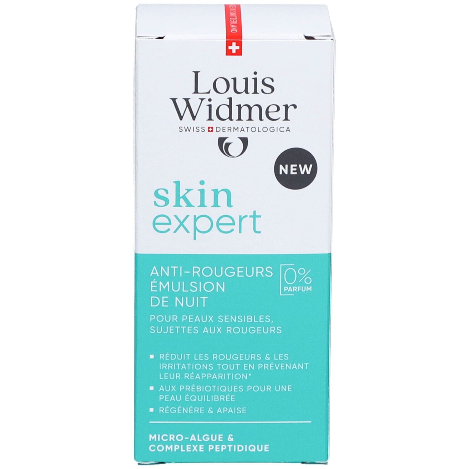 Produktverpackung mit "Louis Widmer skin expert", "NEW" und "0% Parfum".