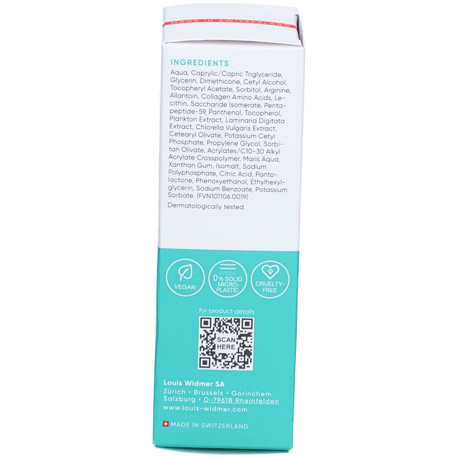 Produktverpackung mit Inhaltsstoffen, Logos und QR-Code für weitere Details.
