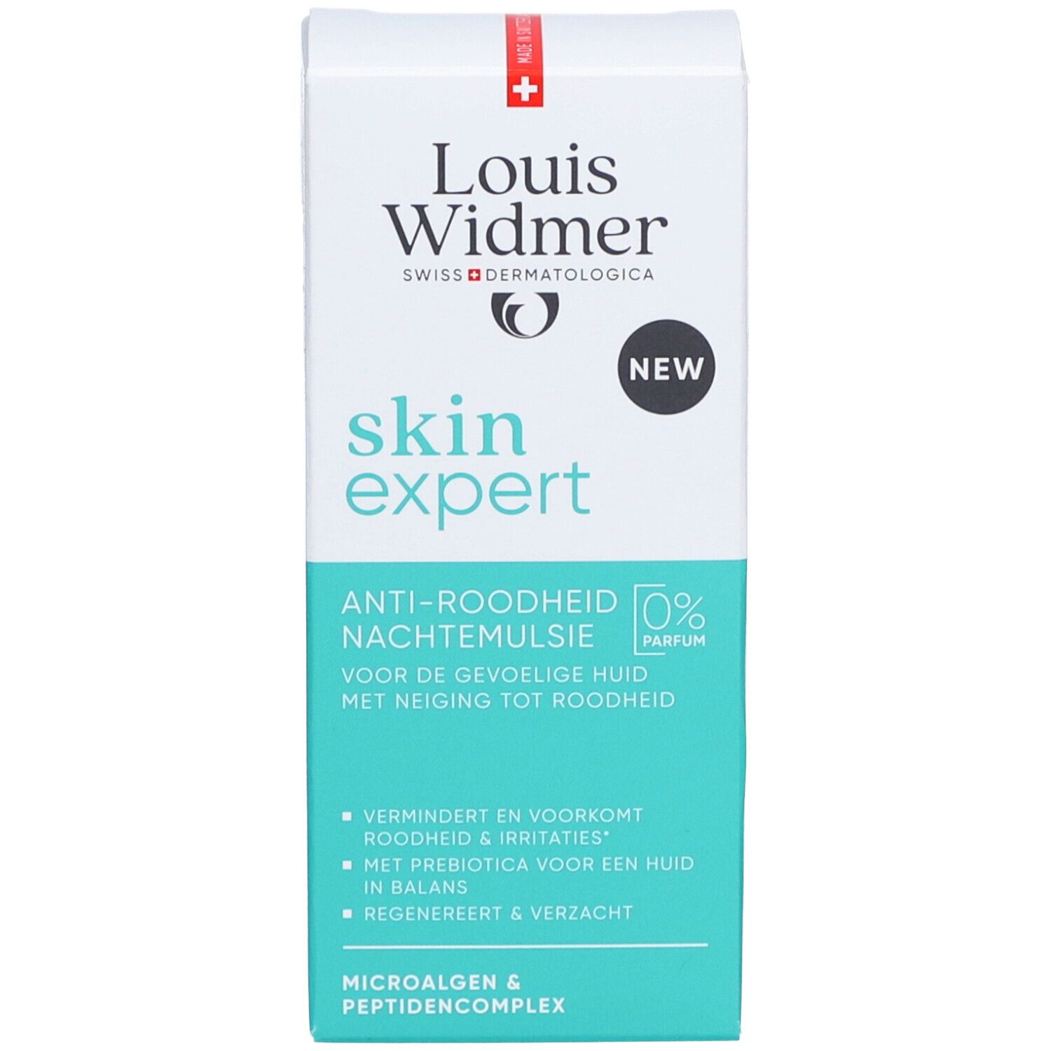 Produktverpackung mit "Louis Widmer skin expert", "Anti-Roodheid Nachtemulsie" und "0% Parfum".