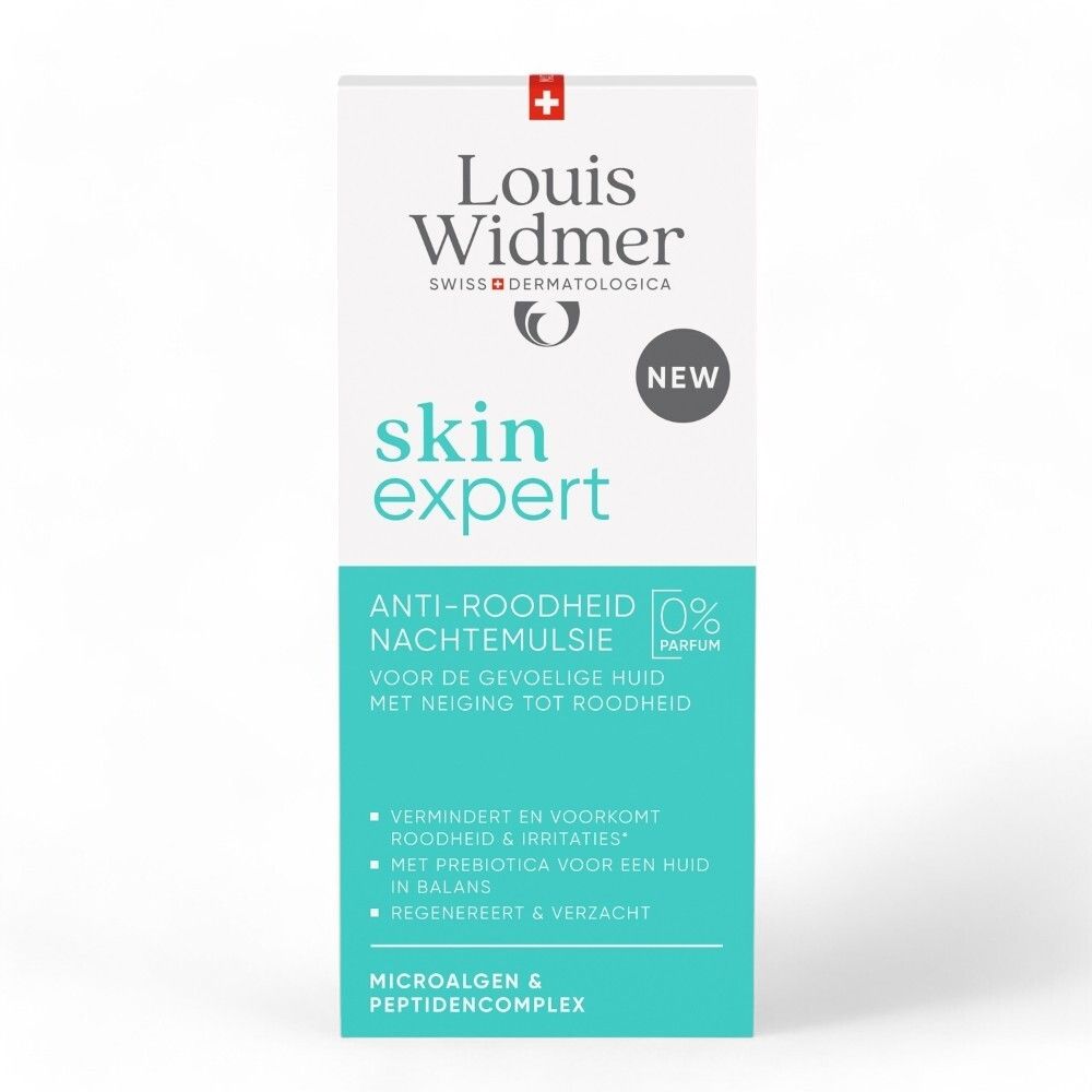 Verpakking met "Louis Widmer skin expert", "Anti-roodheid nachtemulsie" en "0% Parfum".