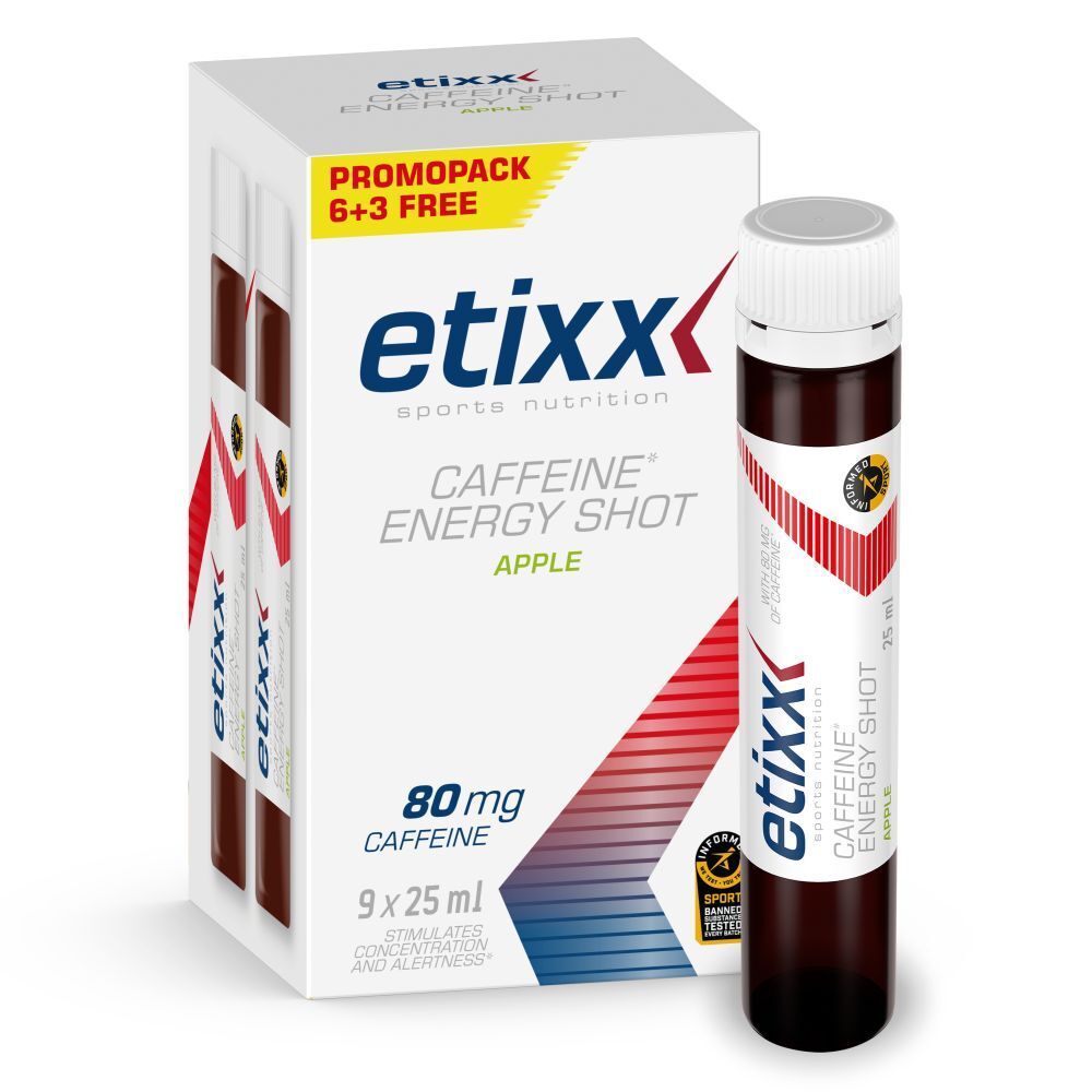 Etixx Caffeine Energy Shot, 9x25ml, 80mg caféine. Promopack 6+3 gratuit. Goût pomme. Certification sportive.