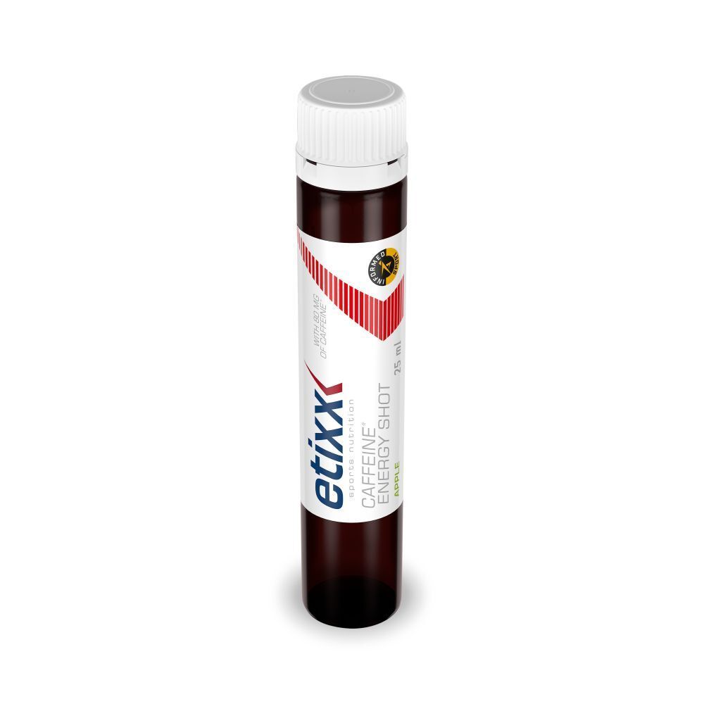 Etixx Caffeine Energy Shot, flacon 25ml. Bouchon blanc, liquide brun. Étiquettes rouges et blanches. 25 ml.