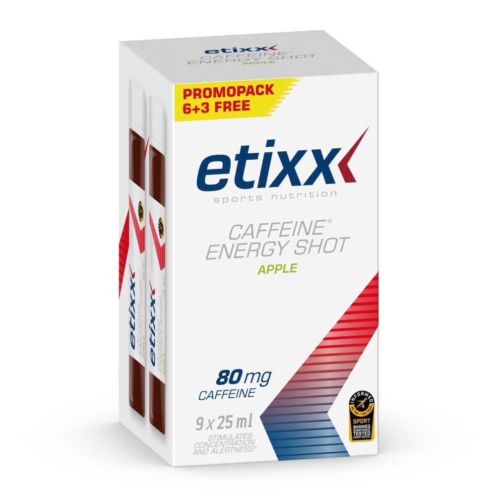 Etixx Caffeine Energy Shot, 9x25ml, 80mg caféine. Promopack 6+3 gratuit. Goût pomme. Certification sportive.
