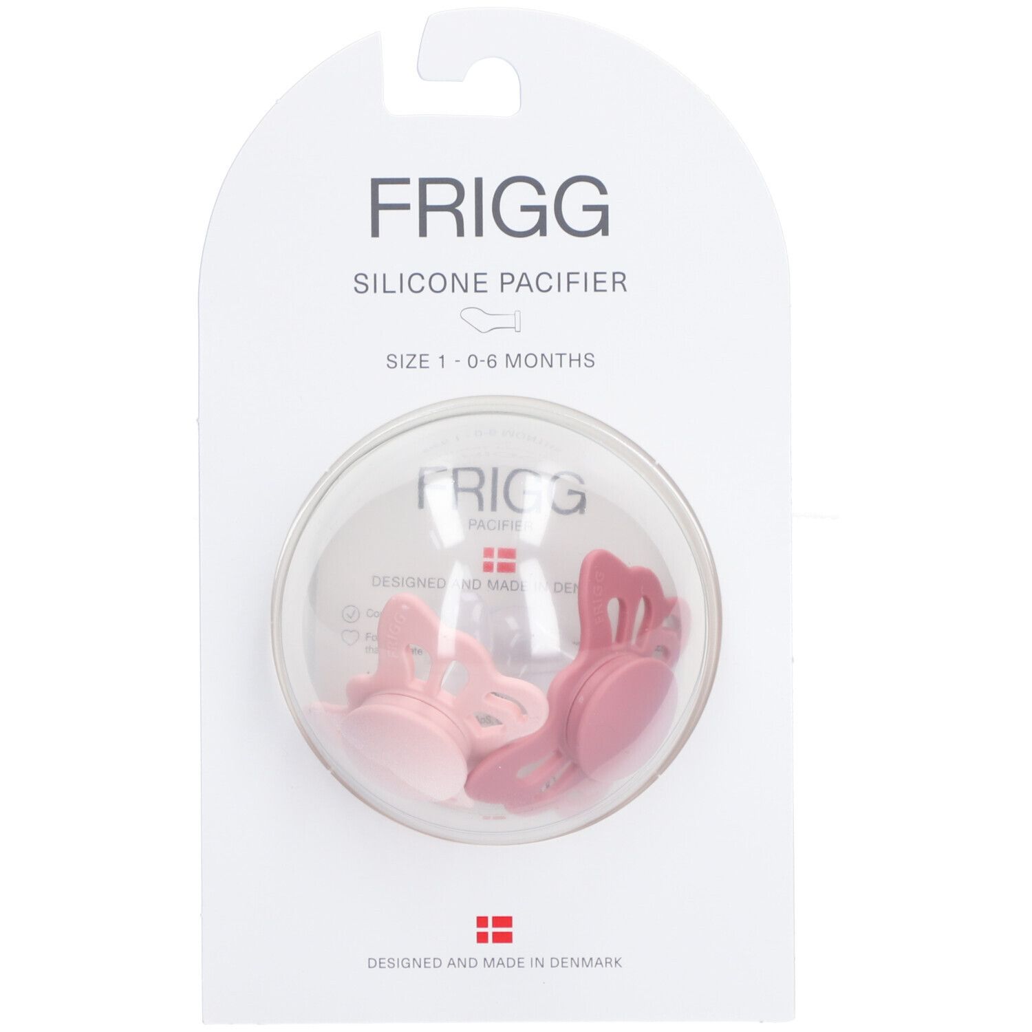 Zwei Schnuller in einer transparenten Verpackung. Marke FRIGG, Silikon, 0-6 Monate. Rosa und hellrosa.