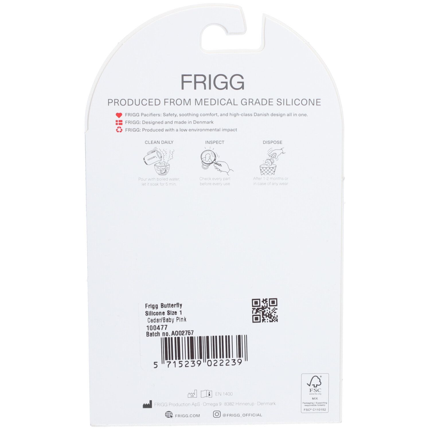 Rückseite der Verpackung mit Produktinformationen. Marke FRIGG. Hinweise zur Reinigung und Entsorgung. Rosa Schnuller.