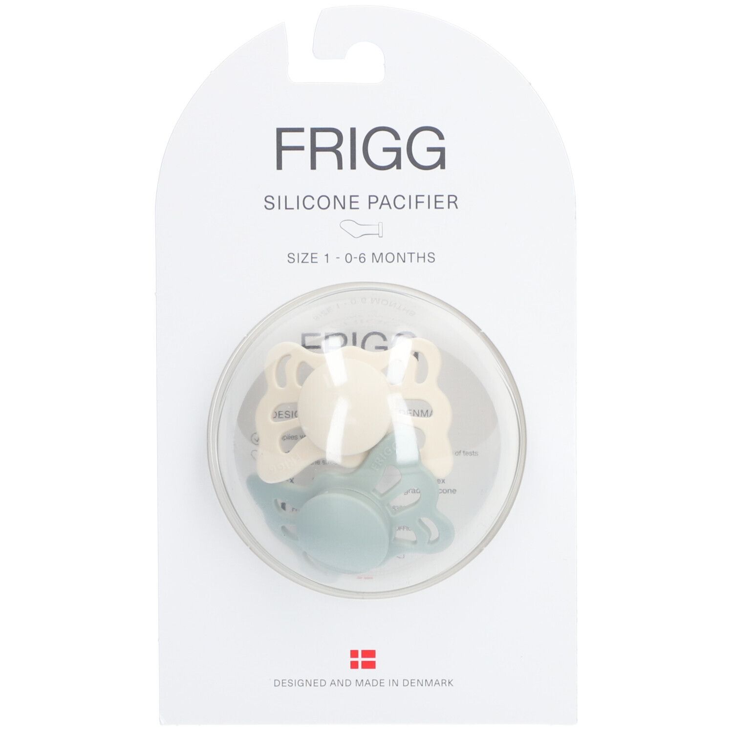 FRIGG Silikon Schnuller, Schmetterling, Creme-Salbei, 0-6 Monate, in Verpackung.