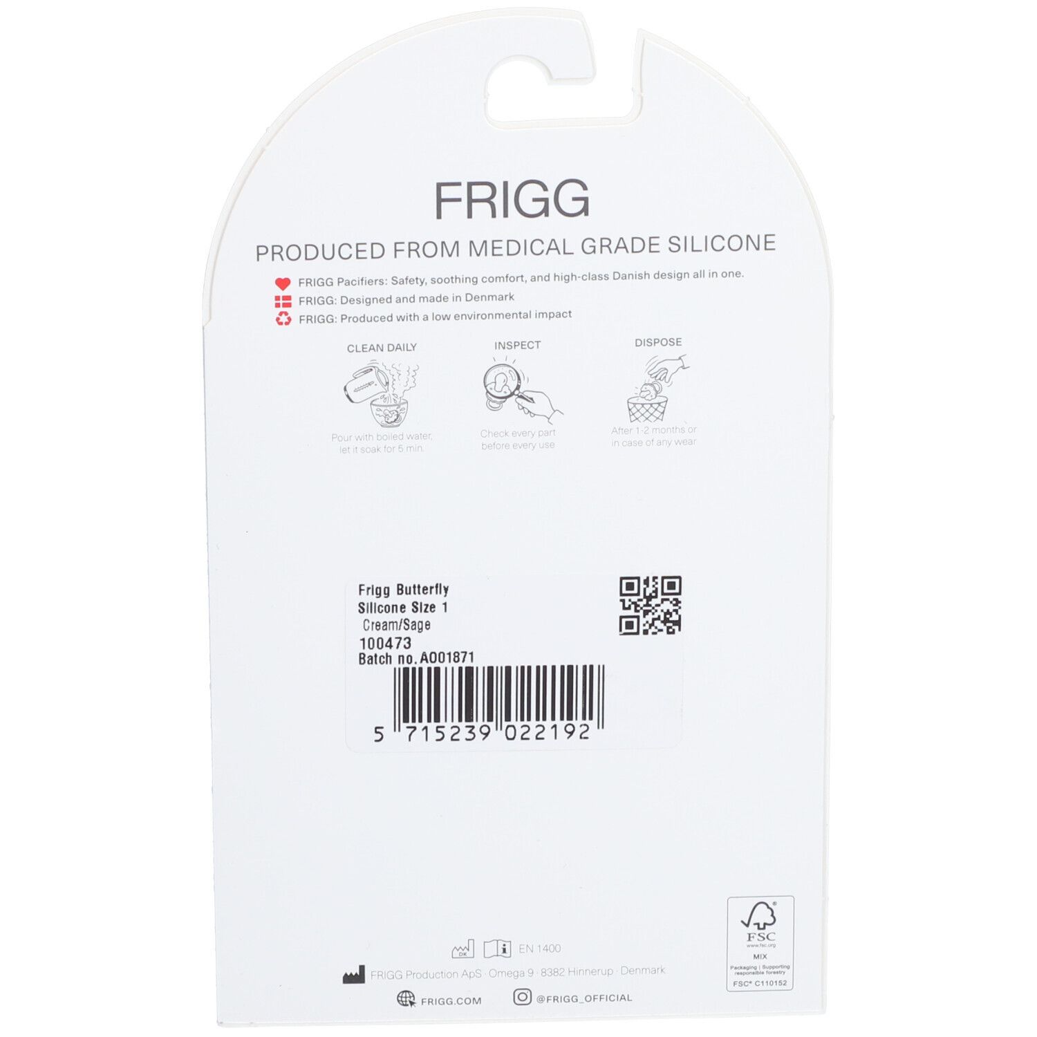 Rückseite der FRIGG Silikon Schnuller Verpackung. Informationen zu Material und Pflege.