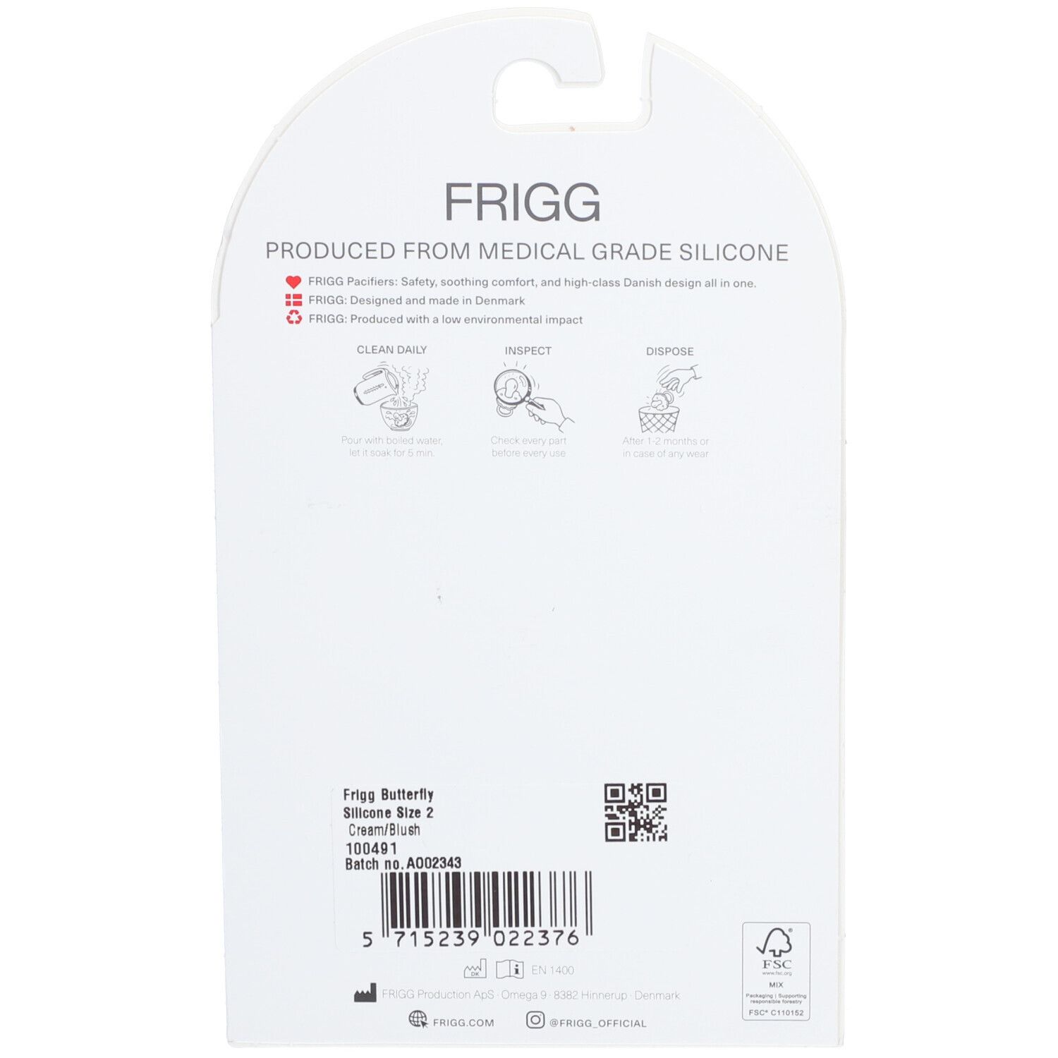 Rückseite der Verpackung mit Produktinformationen. Marke FRIGG. Produktname: FRIGG Butterfly. Farben: Creme/Blush.
