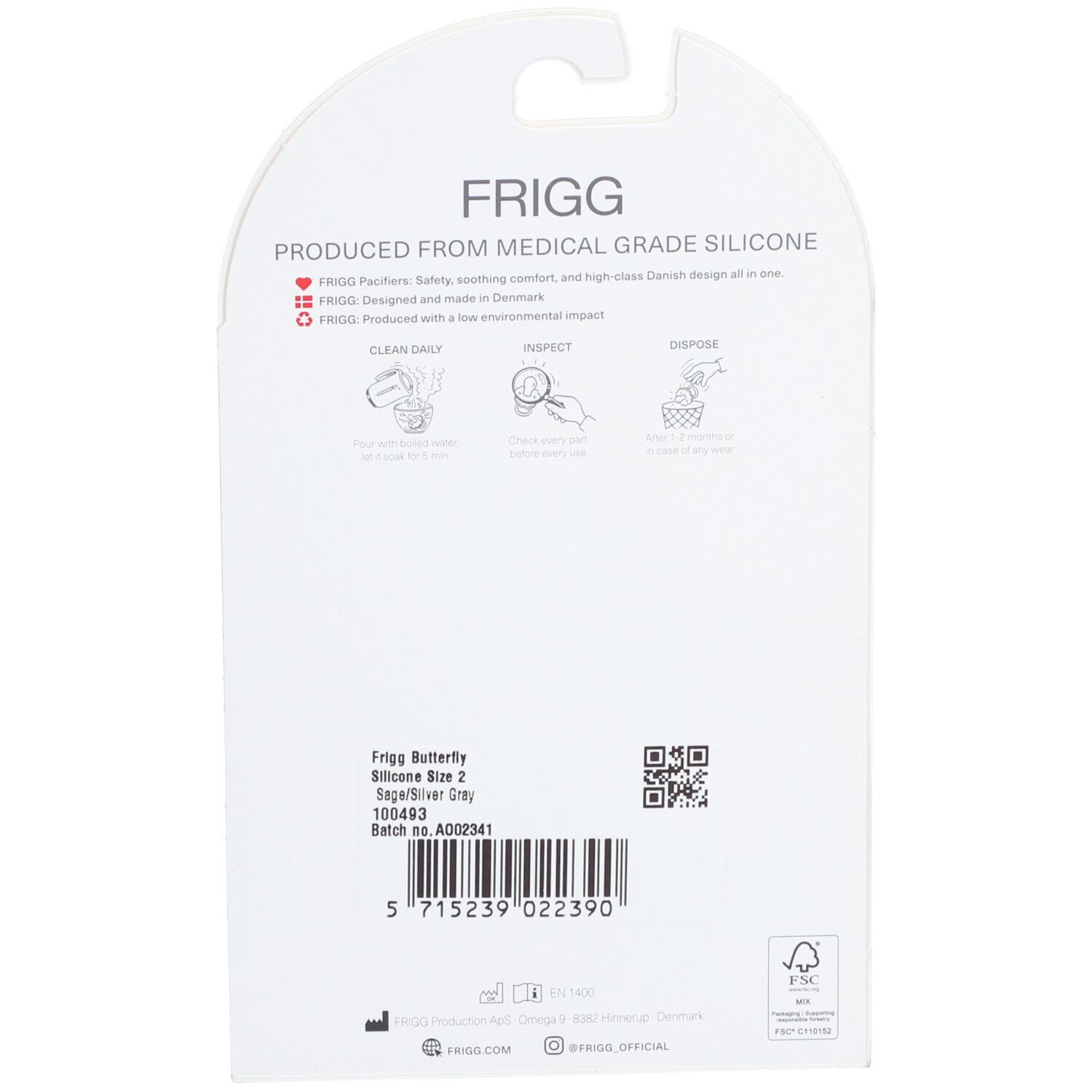 Rückseite der Verpackung mit Produktinformationen. Marke FRIGG. Text: "PRODUCED FROM MEDICAL GRADE SILICONE".