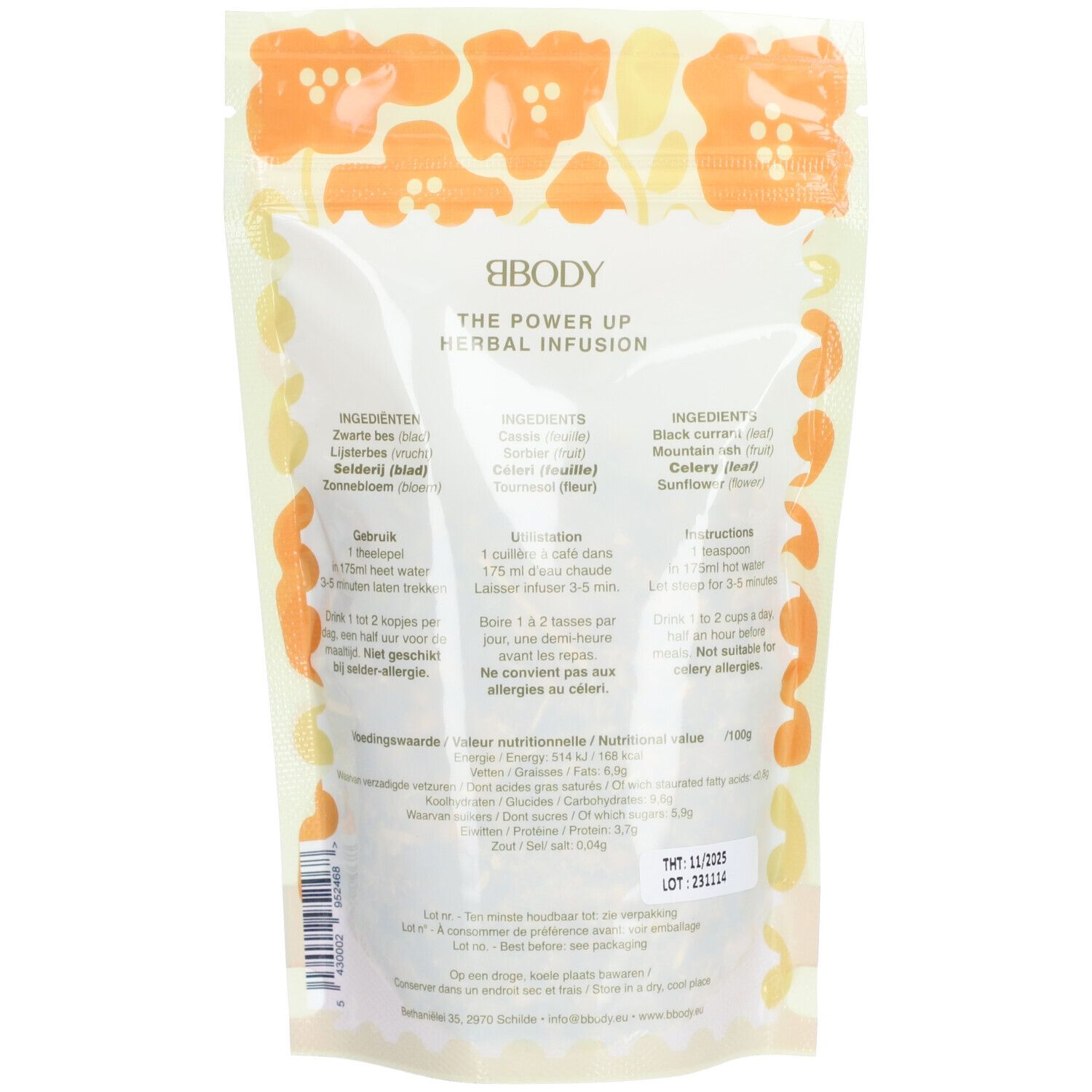 Rückseite des BBODY The Power Up Herbal Infusion Beutels. Zutaten, Zubereitung und Nährwertangaben.