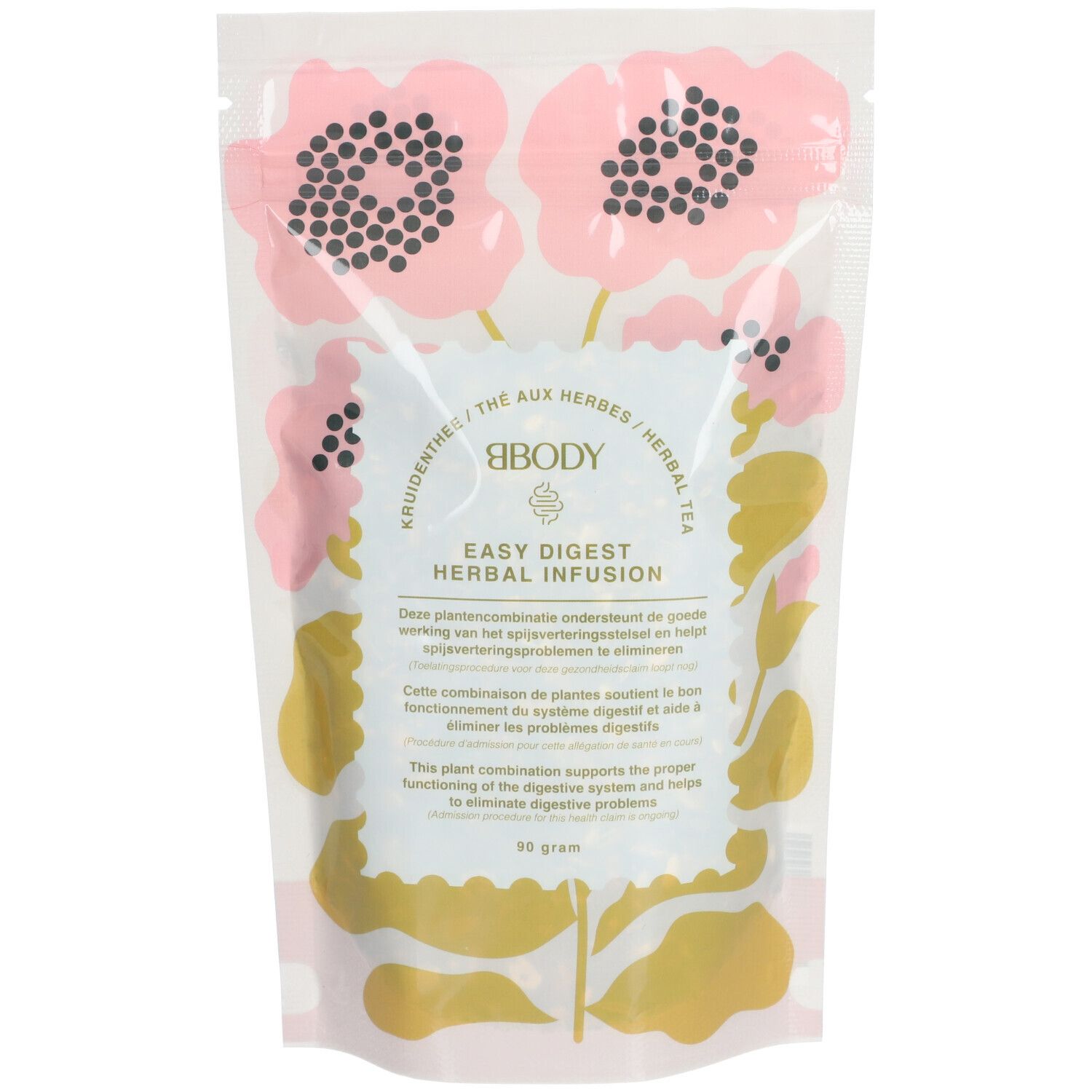Transparante zak BBODY Easy Digest Herbal Infusion. Roze bloemenpatroon. Tekst: Easy Digest Herbal Infusion. 50 gram.