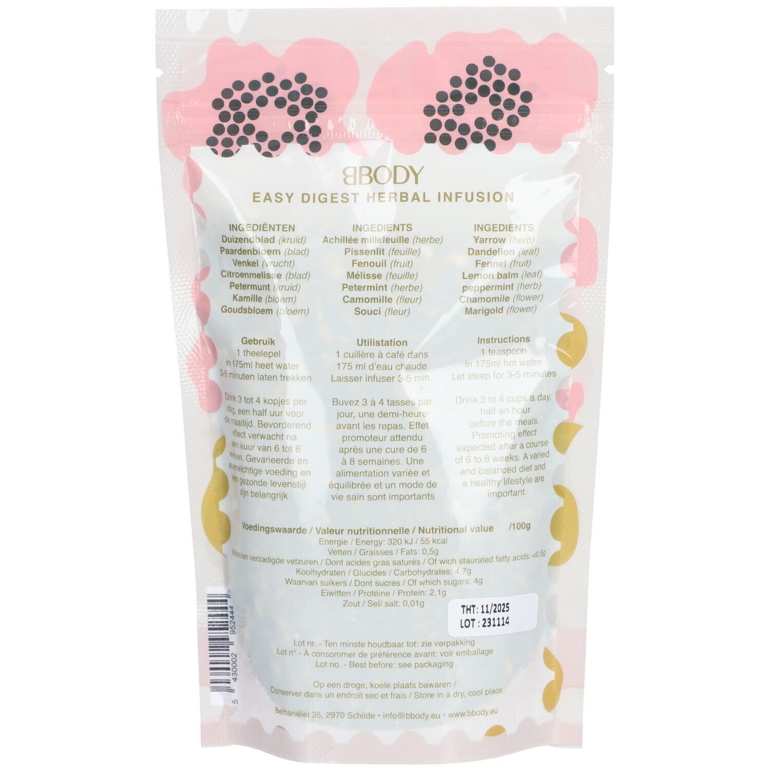 Achterkant BBODY Easy Digest Herbal Infusion. Ingrediëntenlijst, gebruiksaanwijzing en voedingswaarde. Ten minste houdbaar tot.