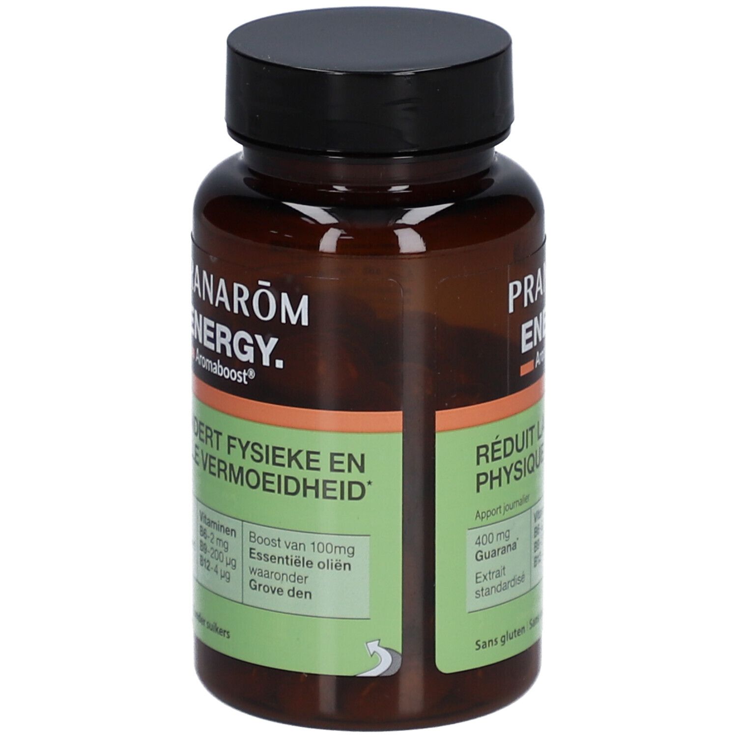 Flacon brun avec bouchon noir. Inscription: Pranarôm ENERGY. Aromaboost. Contient des vitamines et des huiles essentielles. Réduit la fatigue.