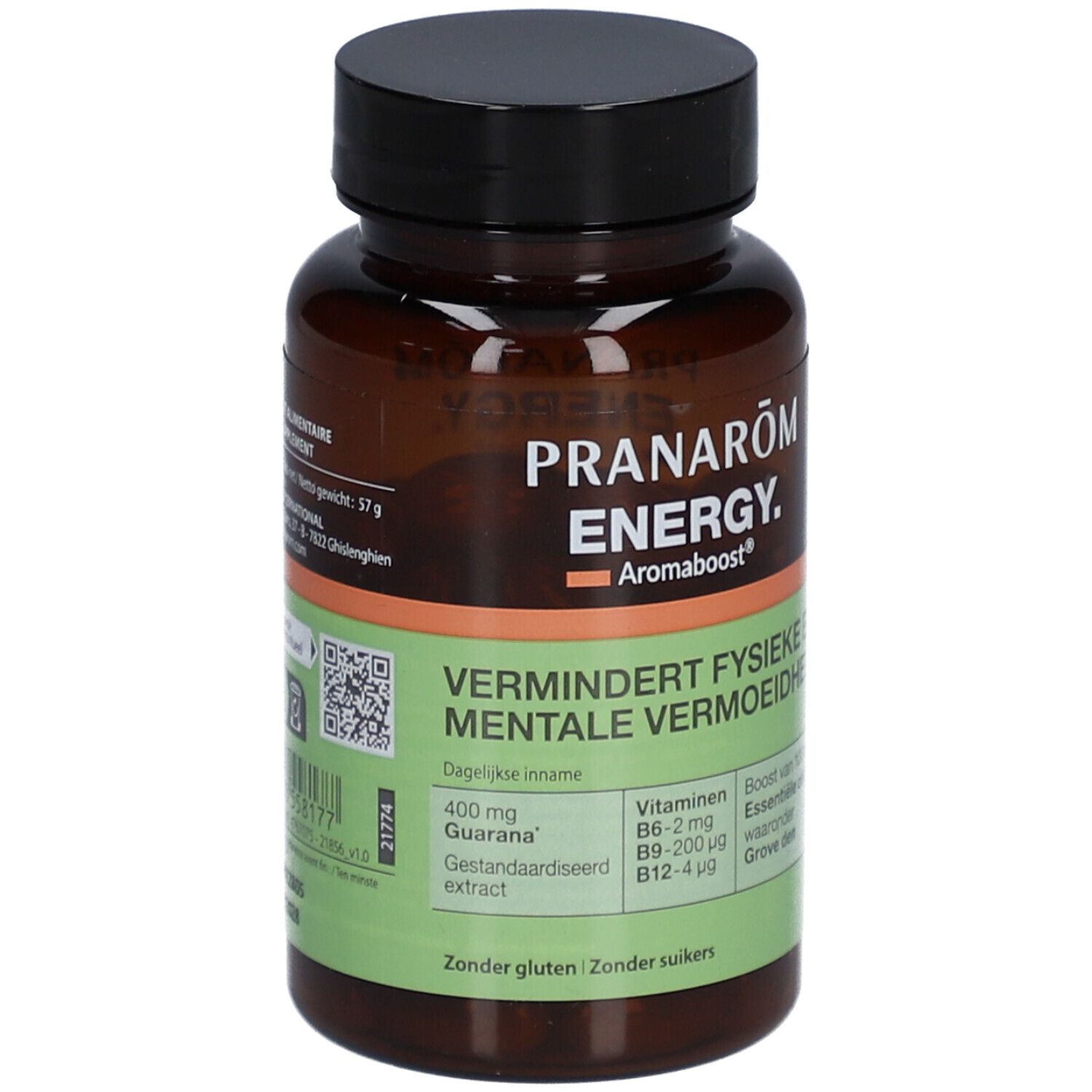 Flacon brun avec bouchon noir. Inscription: Pranarôm ENERGY. Aromaboost. Réduit la fatigue. Contient du guarana et des vitamines.