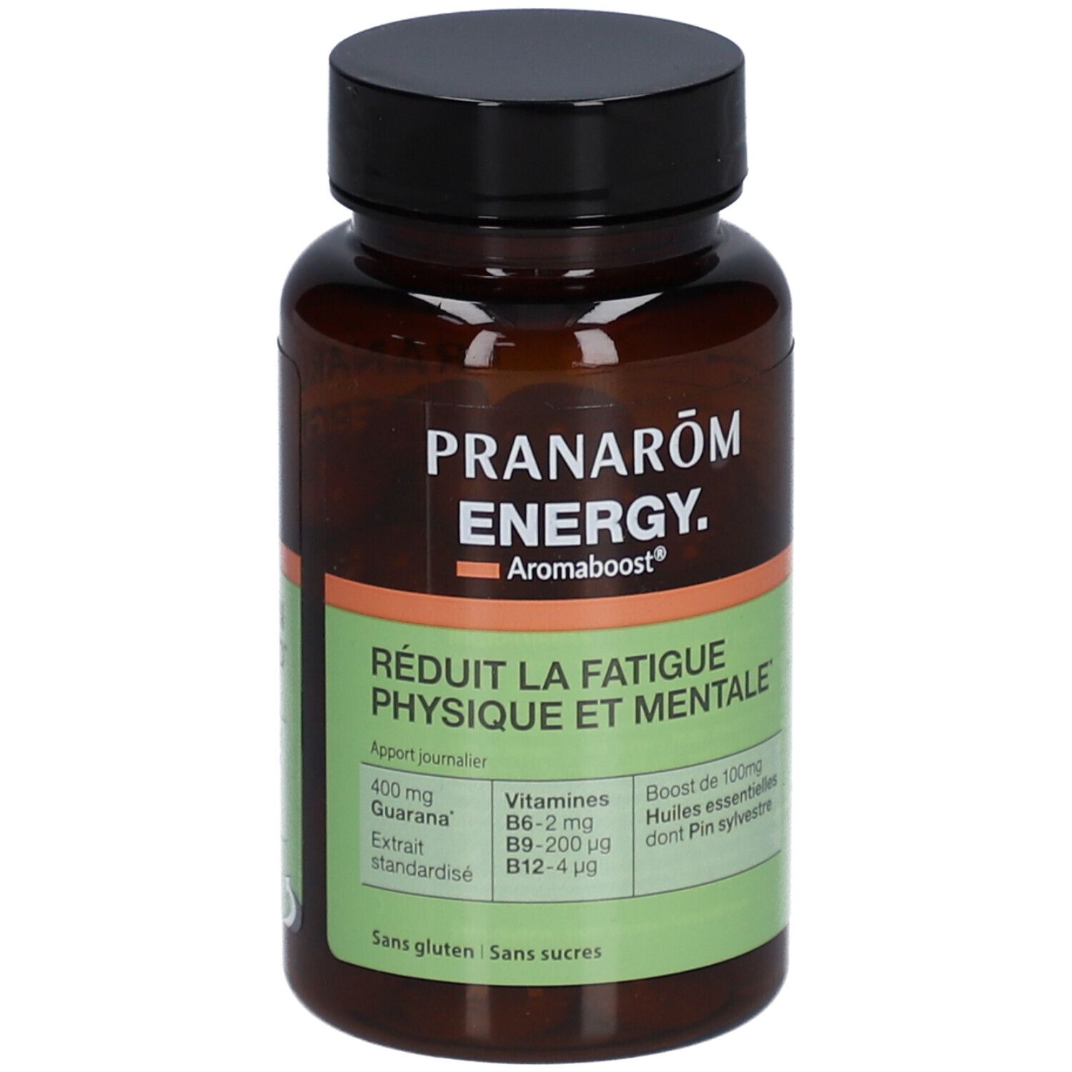 Flacon brun avec bouchon noir. Inscription: Pranarôm ENERGY. Aromaboost. Réduit la fatigue physique et mentale. Contient des vitamines.