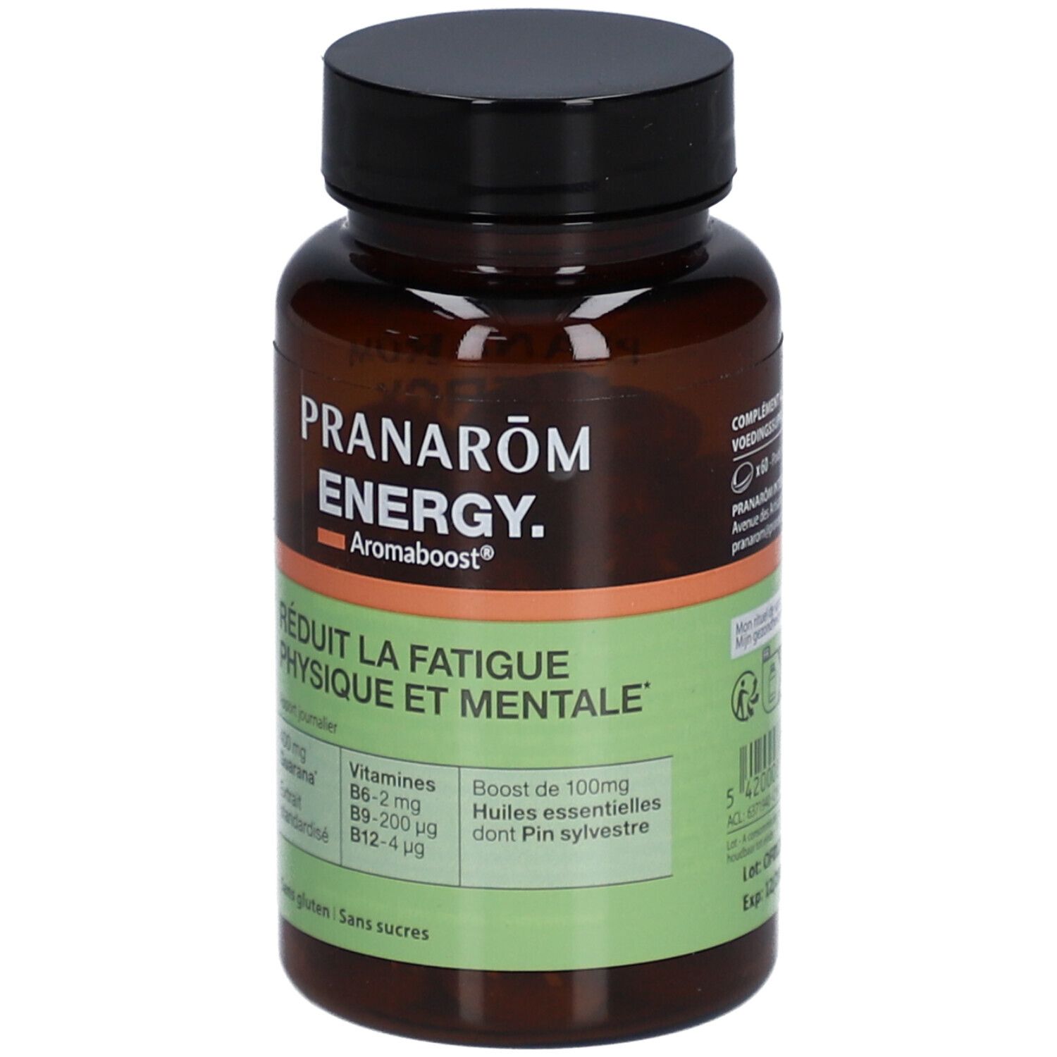 Flacon brun avec bouchon noir. Inscription: Pranarôm ENERGY. Aromaboost. Réduit la fatigue physique et mentale. Contient des vitamines.