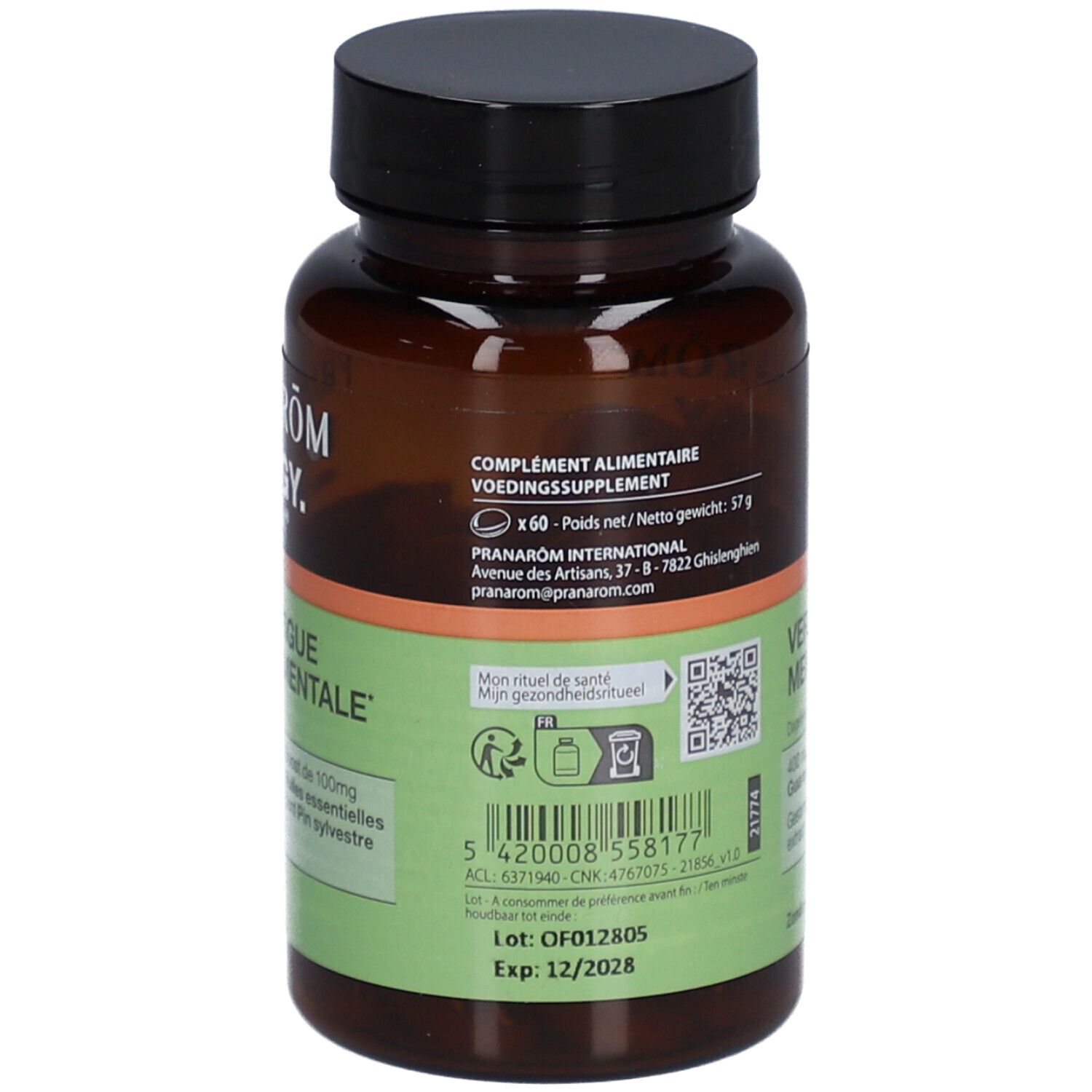 Flacon brun avec bouchon noir. Inscription: Pranarôm ENERGY. Aromaboost. Contient un complément alimentaire. Poids net: 57g. Exp: 12/2028.