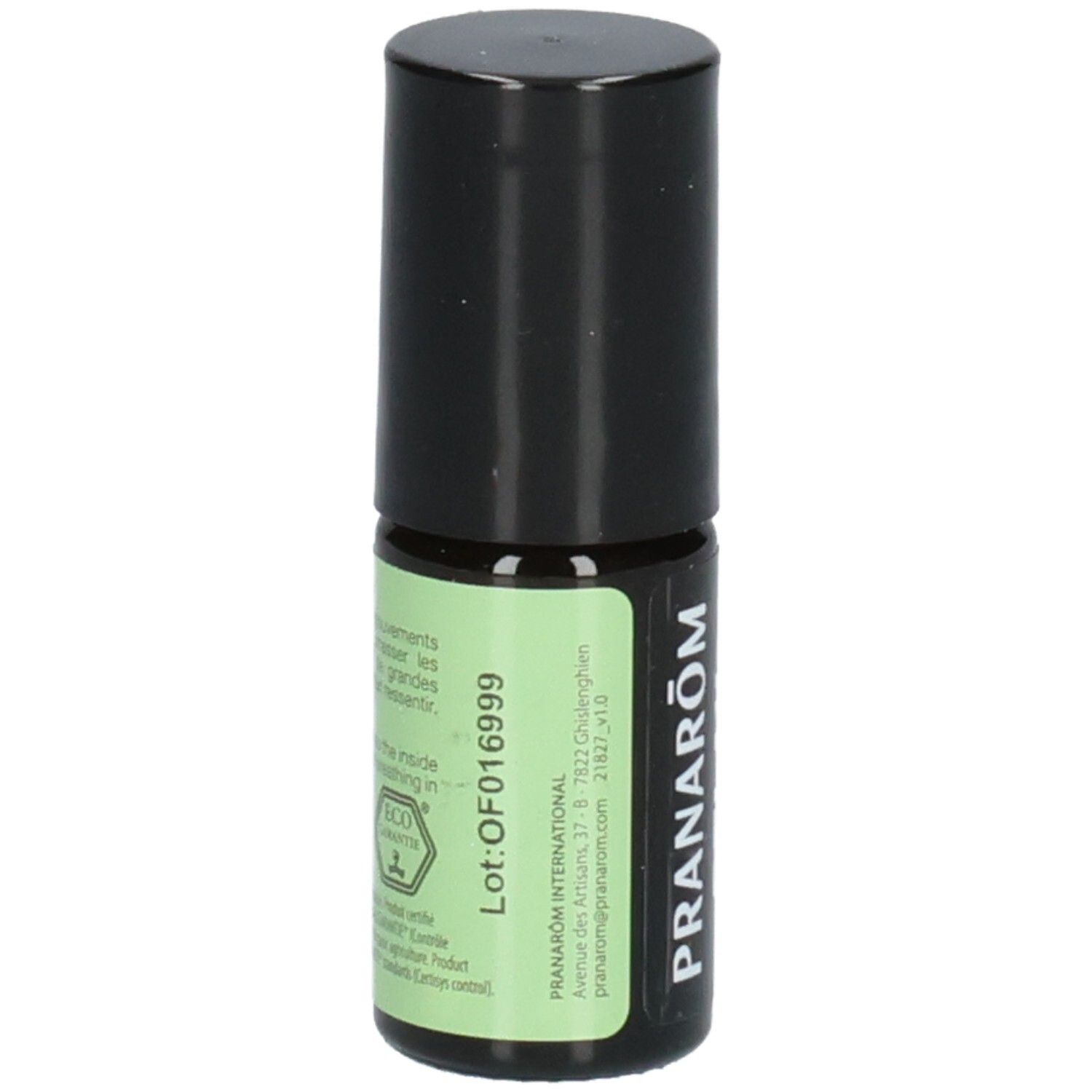 Rückseite des Pranarom Aromaboost Relax Roll-Ons mit Chargennummer und Bio-Siegel.