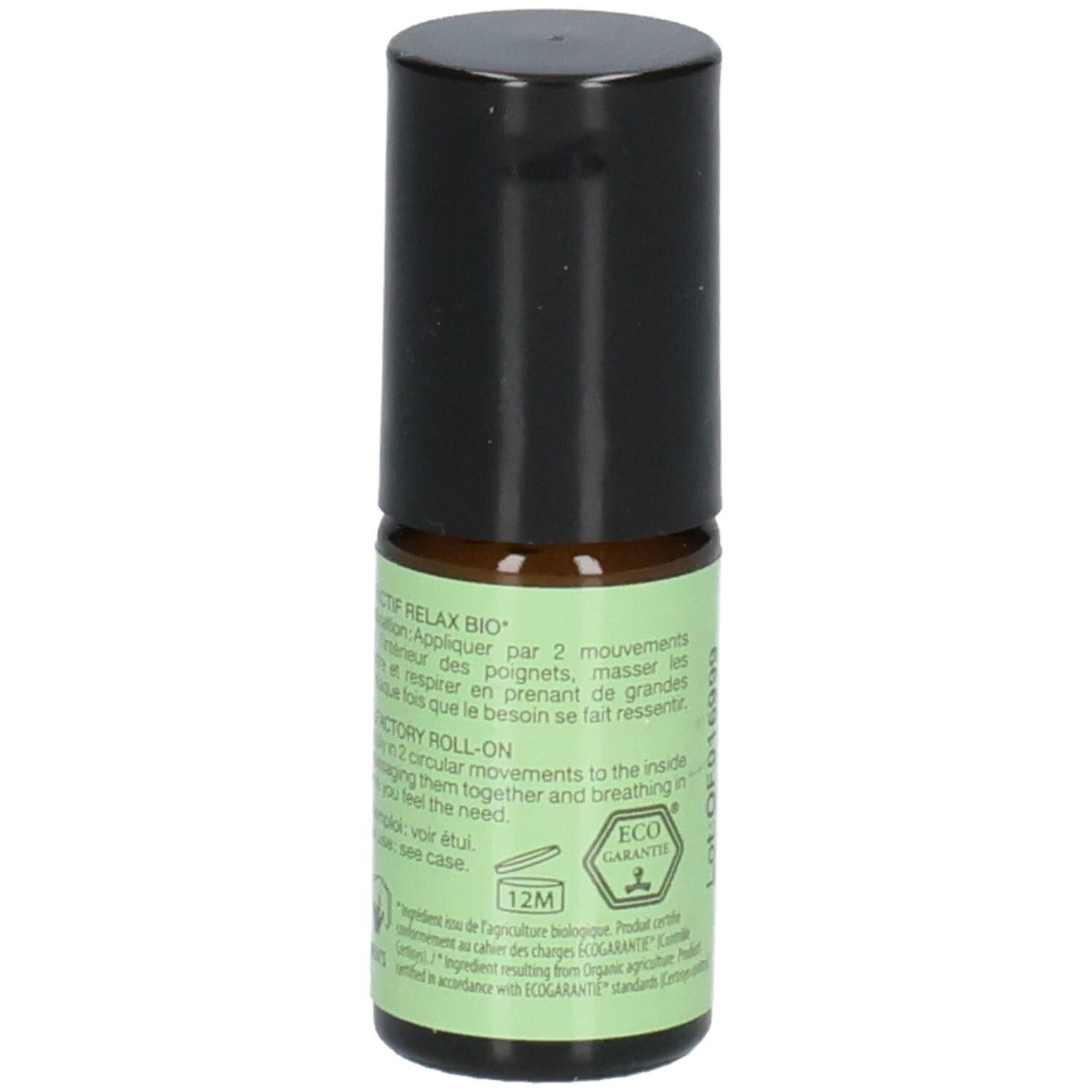 Seite des Pranarom Aromaboost Relax Roll-Ons mit Anwendungshinweisen und Bio-Siegel.