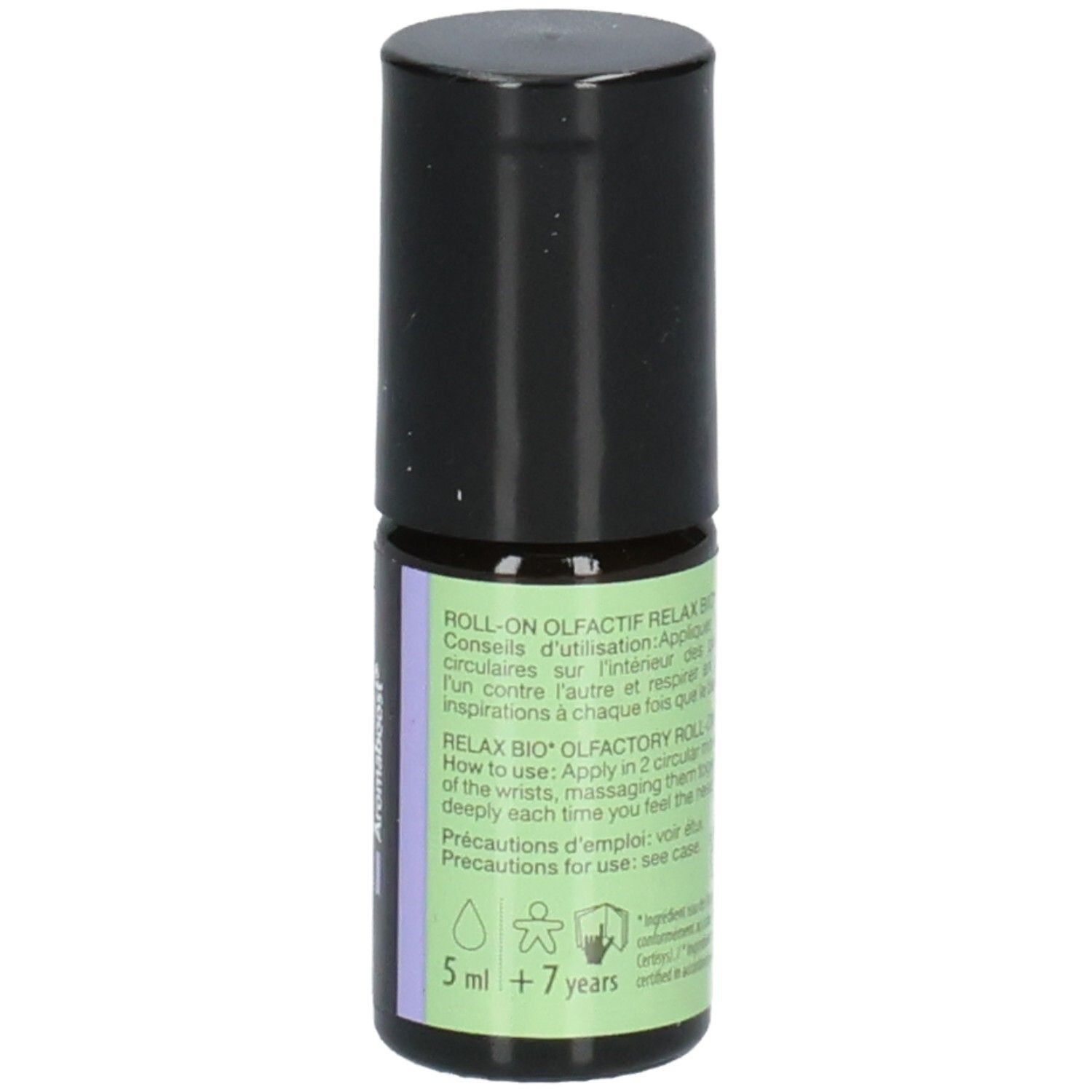 Seite des Pranarom Aromaboost Relax Roll-Ons mit Anwendungshinweisen, 5ml und Altersempfehlung.