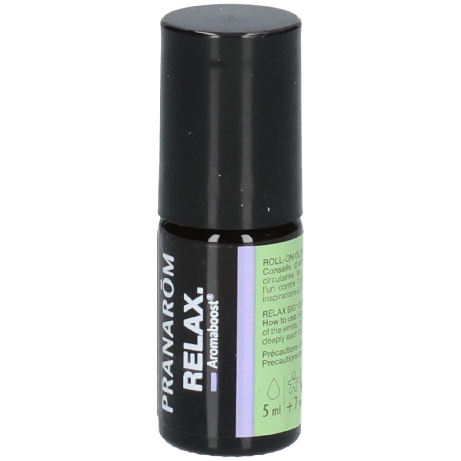 Pranarom Aromaboost Relax Roll-On mit Etikett, das 'Relax' und 'Aromaboost' zeigt.