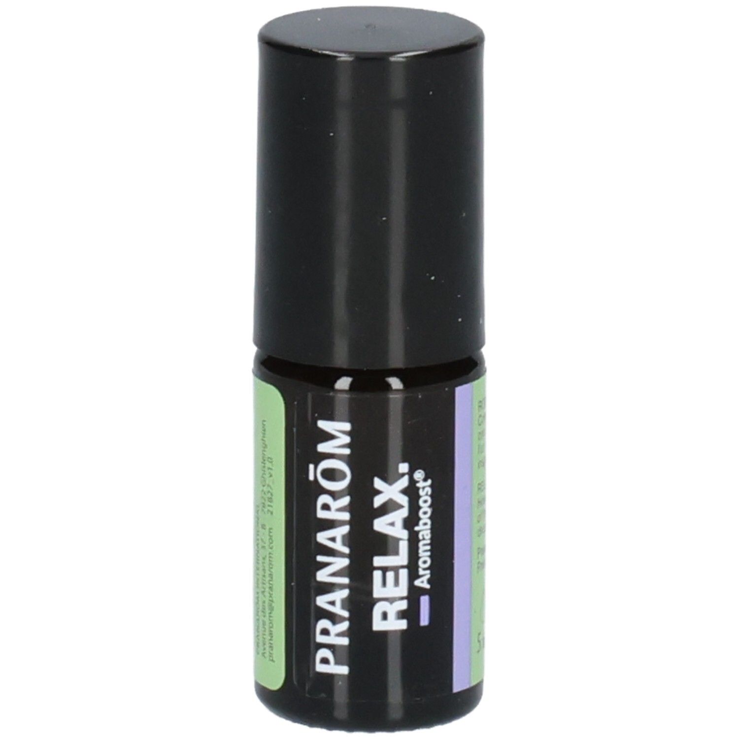 Pranarom Aromaboost Relax Roll-On mit Etikett, das 'Relax' und 'Aromaboost' zeigt.