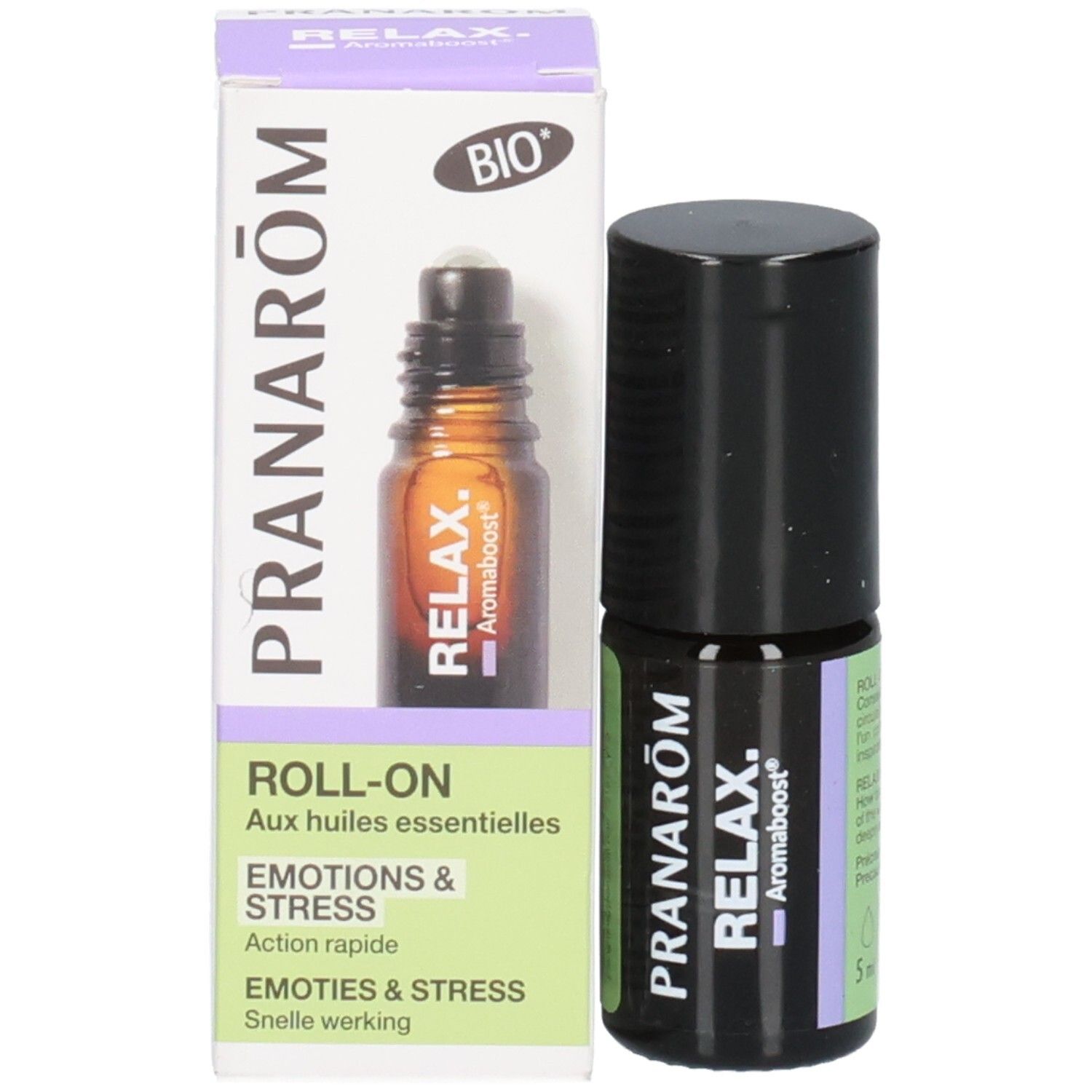 Pranarom Aromaboost Relax Roll-On und seine Verpackung mit Bio-Siegel.