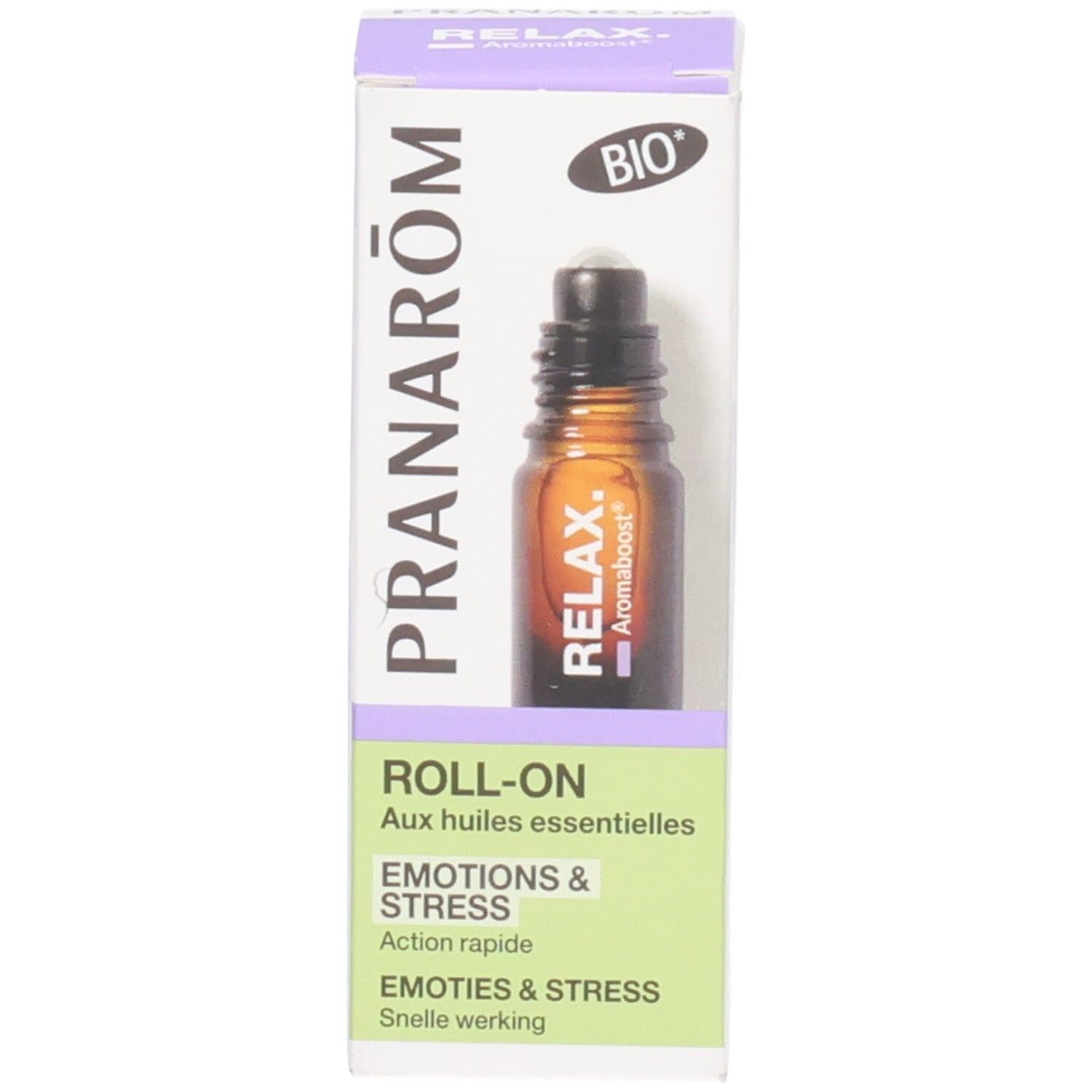 Pranarom Aromaboost Relax Roll-On und seine Verpackung mit Bio-Siegel.