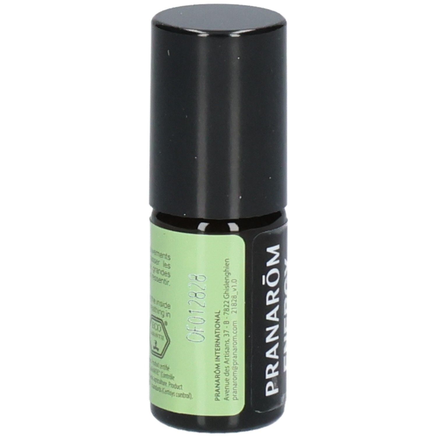 Rückseite der Pranarom Aromaboost Energy Roll-On Flasche mit Produktinformationen.