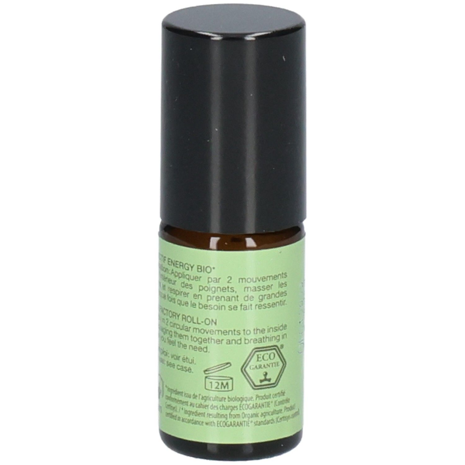 Seitenansicht der Pranarom Aromaboost Energy Roll-On Flasche mit Bio-Siegel.