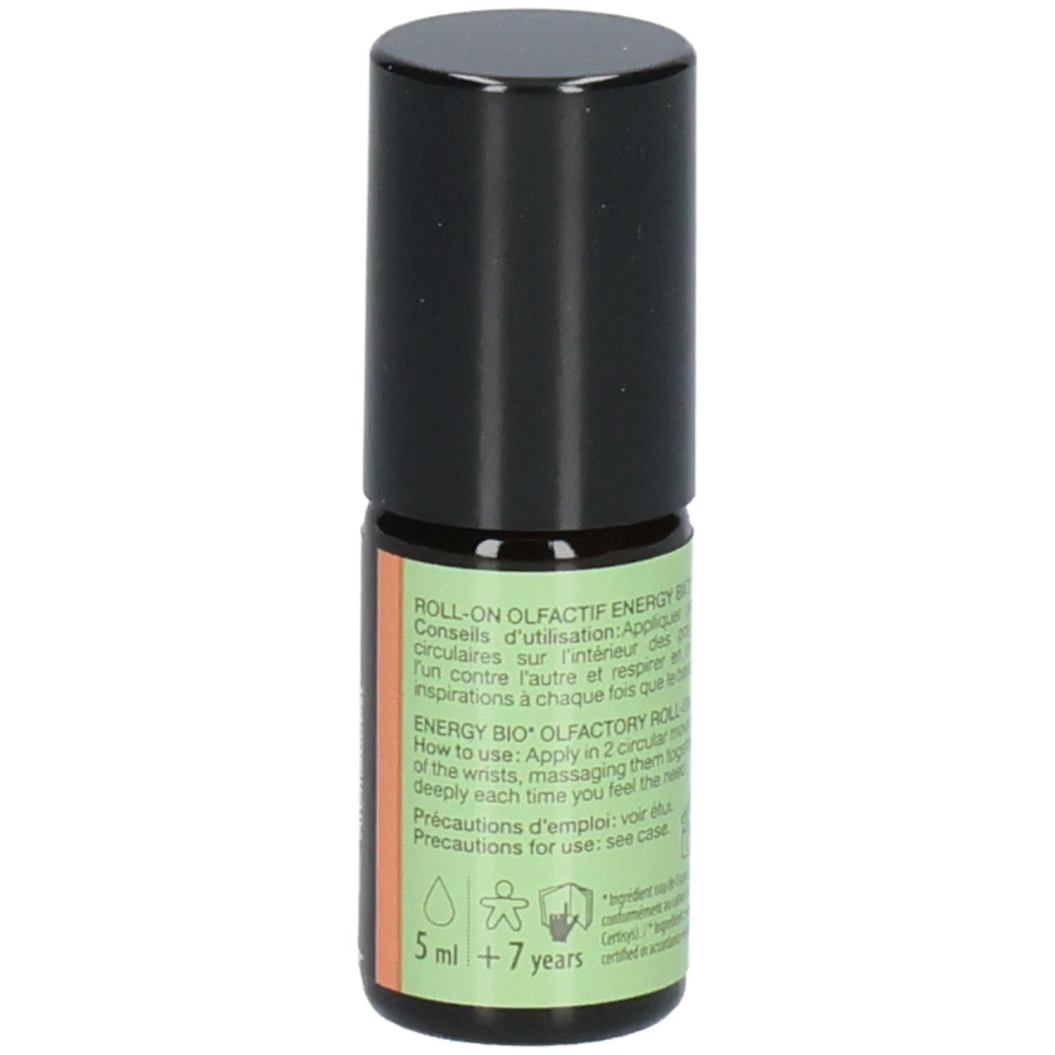 Rückseite der Pranarom Aromaboost Energy Roll-On Flasche mit Anwendungshinweisen.