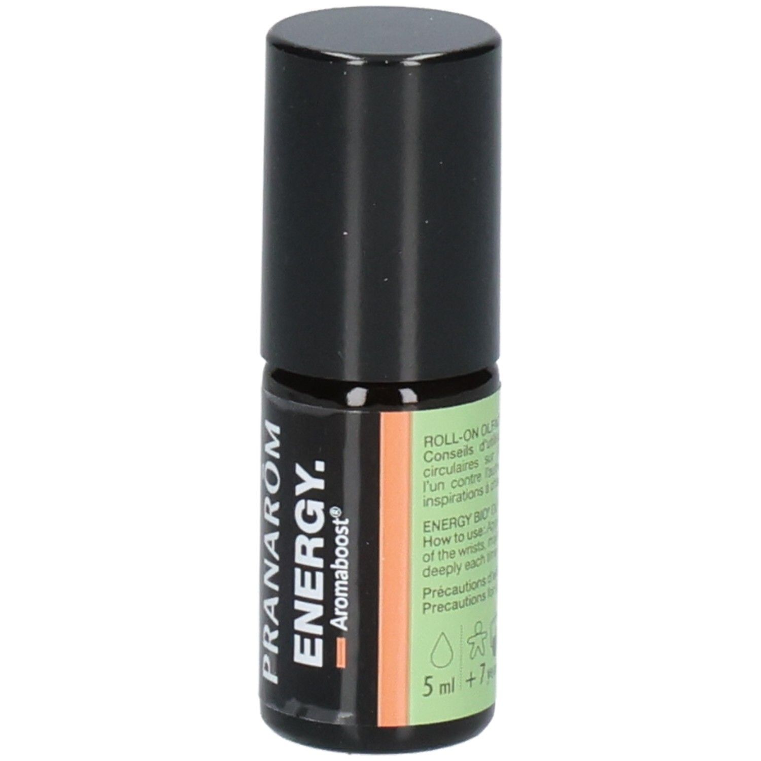 Pranarom Aromaboost Energy Roll-On Flasche, Vorderseite mit Etikett.