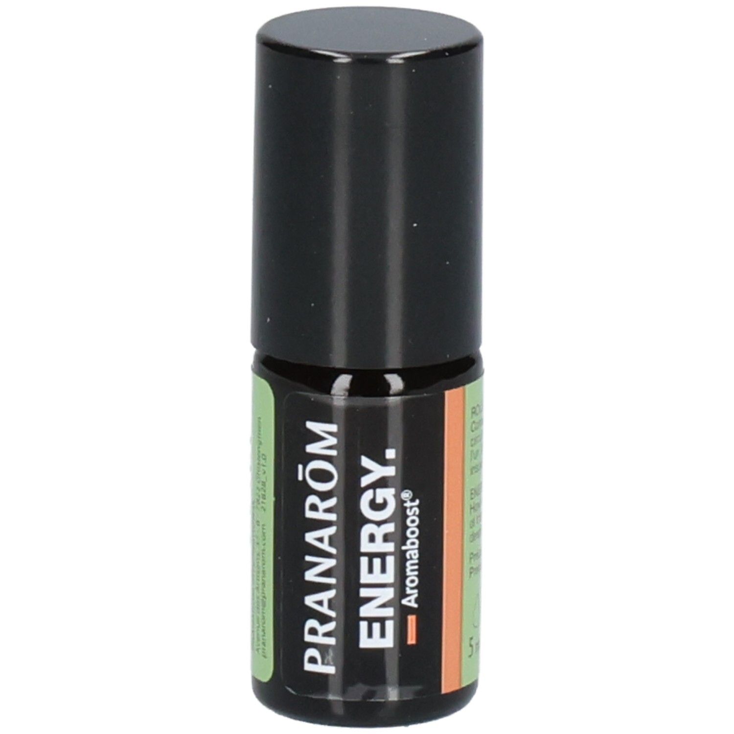 Pranarom Aromaboost Energy Roll-On Flasche, seitliche Ansicht.