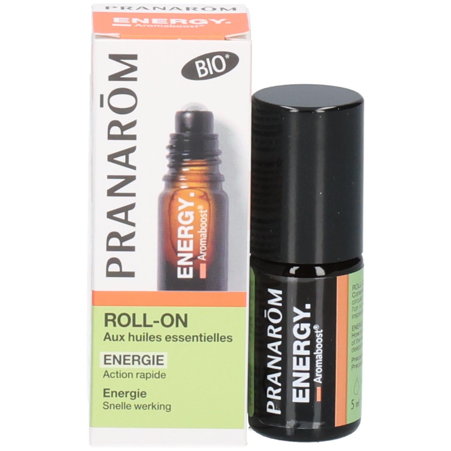 Pranarom Aromaboost Energy Roll-On Flasche neben der Produktverpackung.
