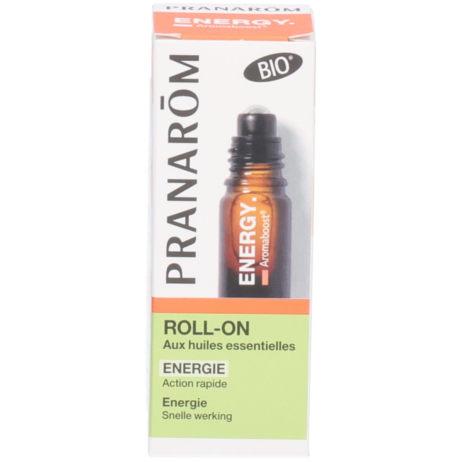 Pranarom Aromaboost Energy Roll-On Flasche und Verpackung, Vorderansicht.